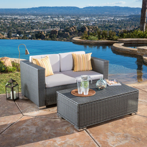 Florence Sofa & Table Grey Silver Rattan Waterproof Fabric Metal