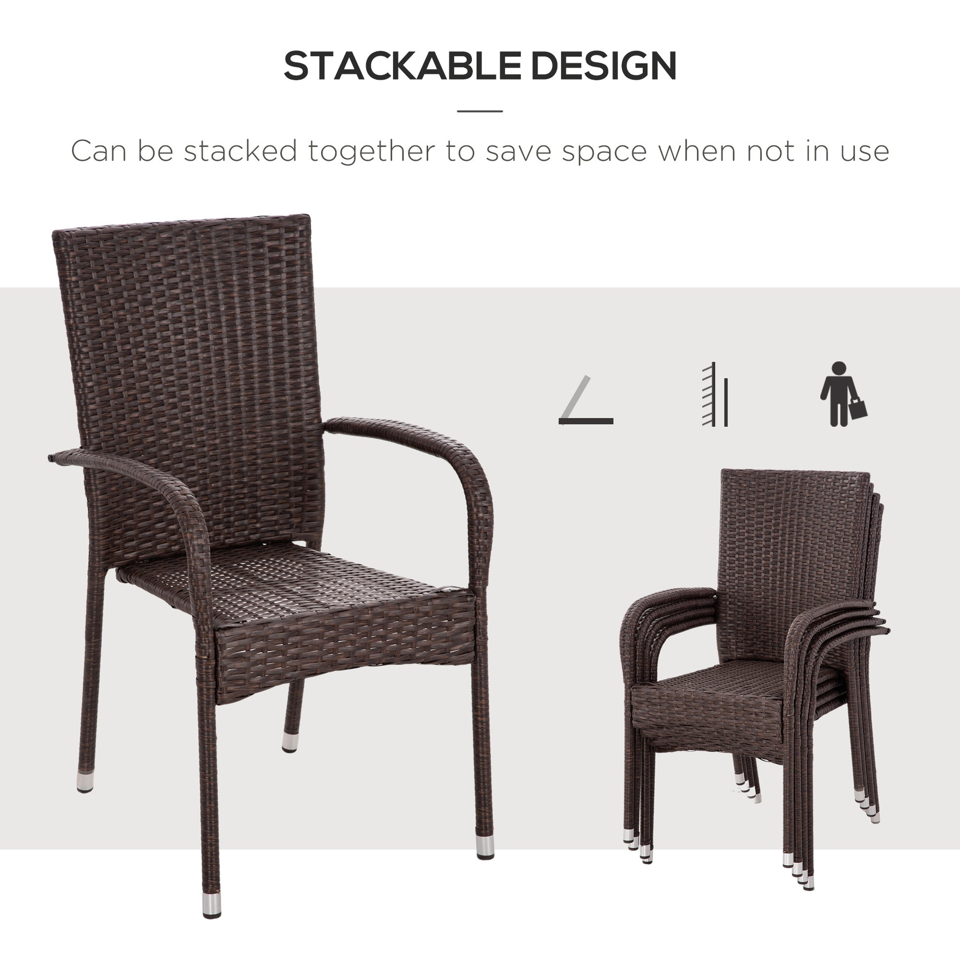 Outsunny Stackable Pe Rattan Outdoor Dining Chairs With Cushions, Set Of 4 Patio Wicker Dining Chairs With Armrests And Backrest For Patio, Deck, Cream Blue Blue Brown Steel