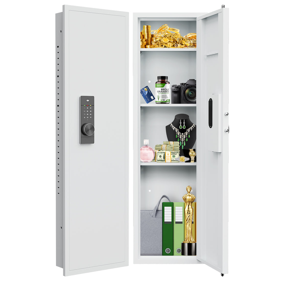 Didital Touch Panel In Wall Safe,Hidden Wall Safe For Rifles And Pistols With Adjustable Shelves,Assembled Storege Safe For Firearm And Valuables White Digital White Steel