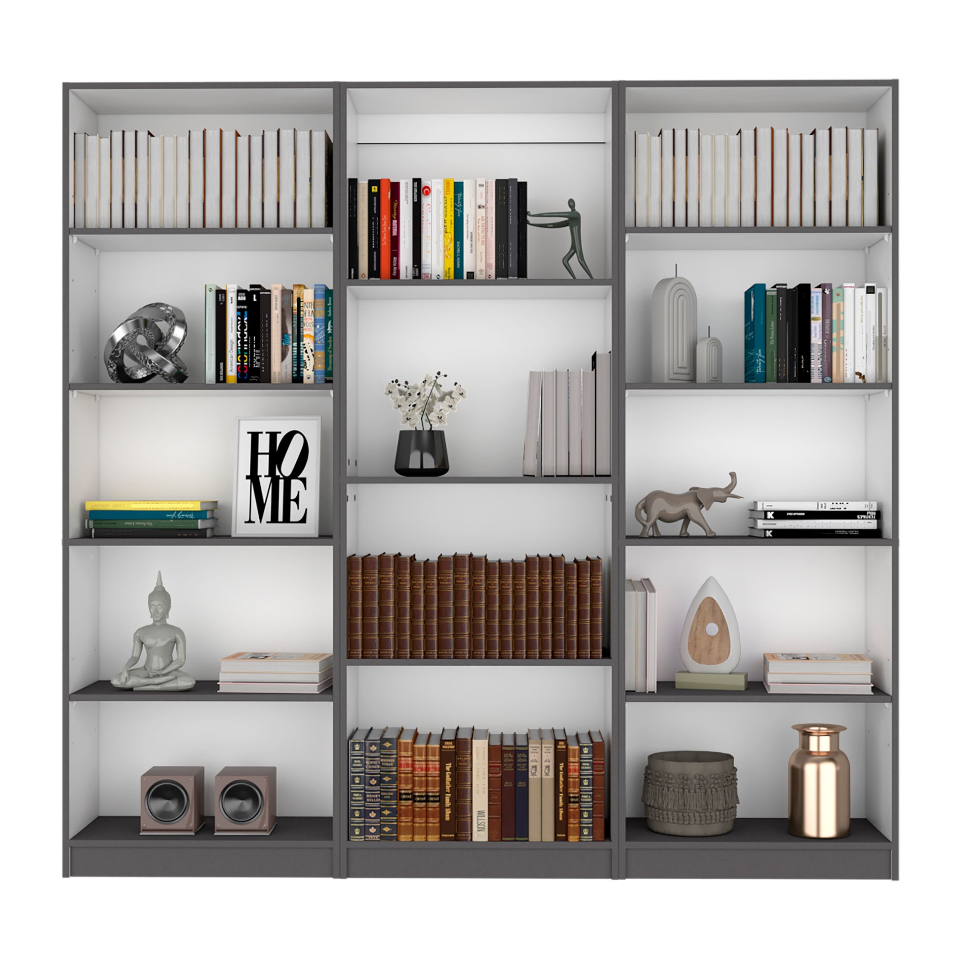 Bartow 3 Piece Home Bookcase Set, 74" Wide With 14 Shelvesliving Room Set Set Matt Gray White Freestanding 5 Or More Shelves Multicolor Office Open Storage Space Modern Particle Board