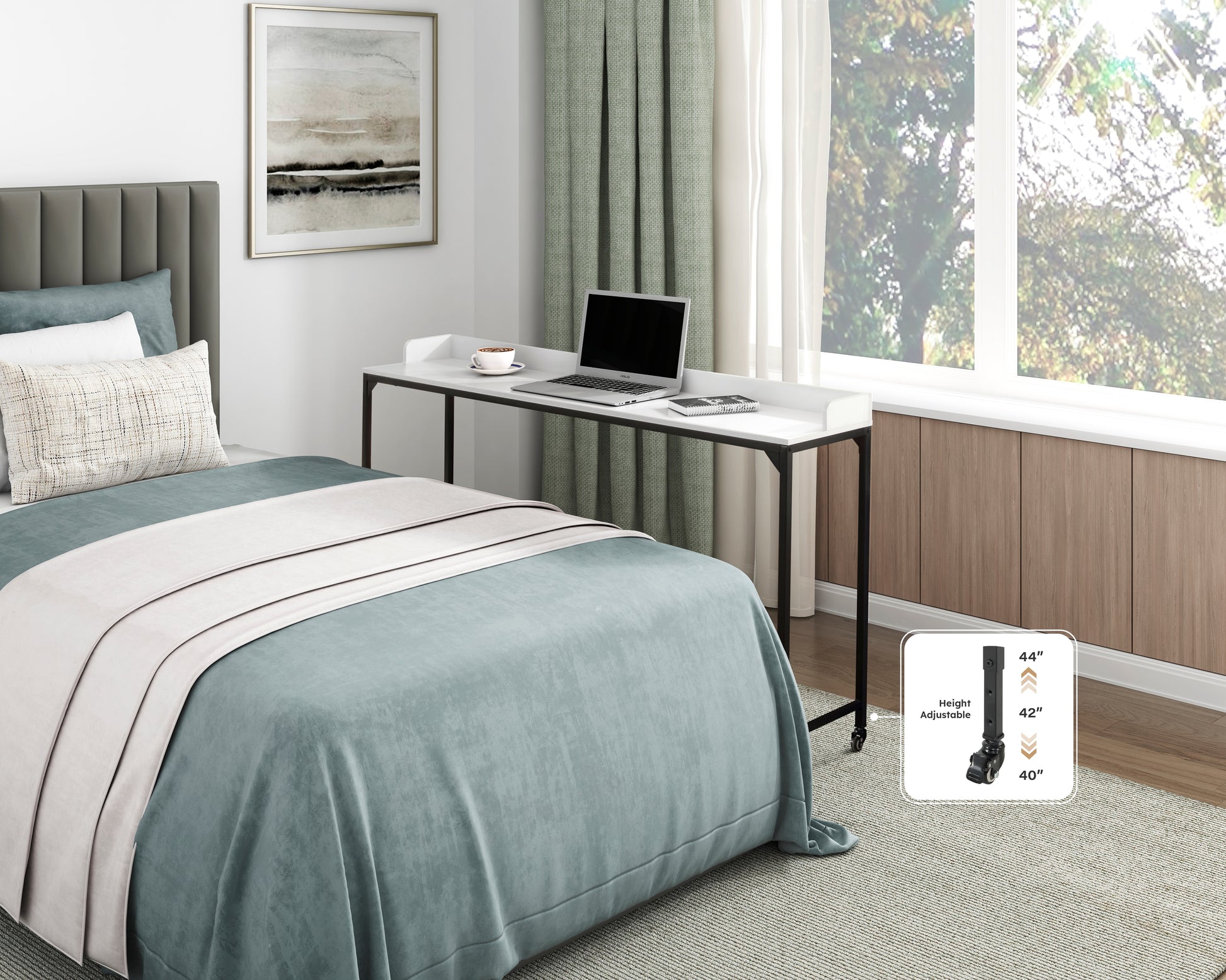 White Finish Multipurpose Over The Bed Desk With Adjustable Height, Metal Legs With Casters, Overbed Table 1Pc, Laptop Table For Bed, Breakfast Table Black White Rectangular Engineered Wood,Metal