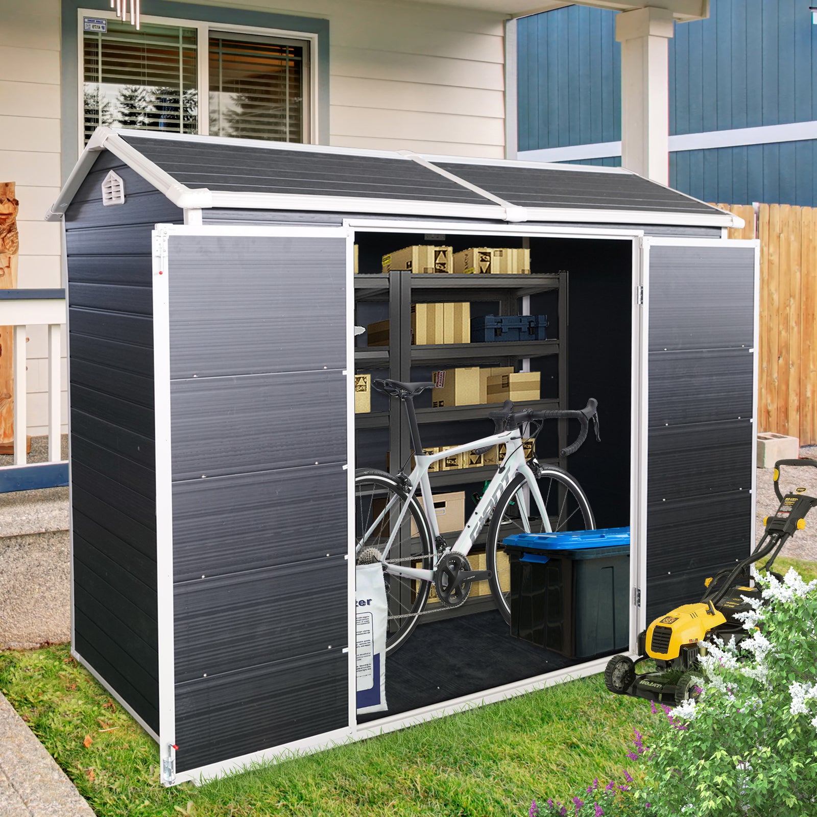 4X8Ft Resin Outdoor Storage Shed With Two Window And Double Door,Plastic Shed With Floor For Gargen,Patio,Yard,Lawn,Black Black Polypropylene