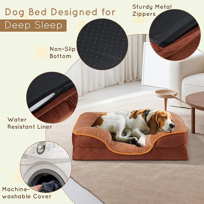 42'' Orthopedic Dog Bed For X Large Dog, Memory Foam Dog Bed, Egg Crate Foam Dog Couch Bed With Washable Removable Cover, Brown Brown Faux Fur