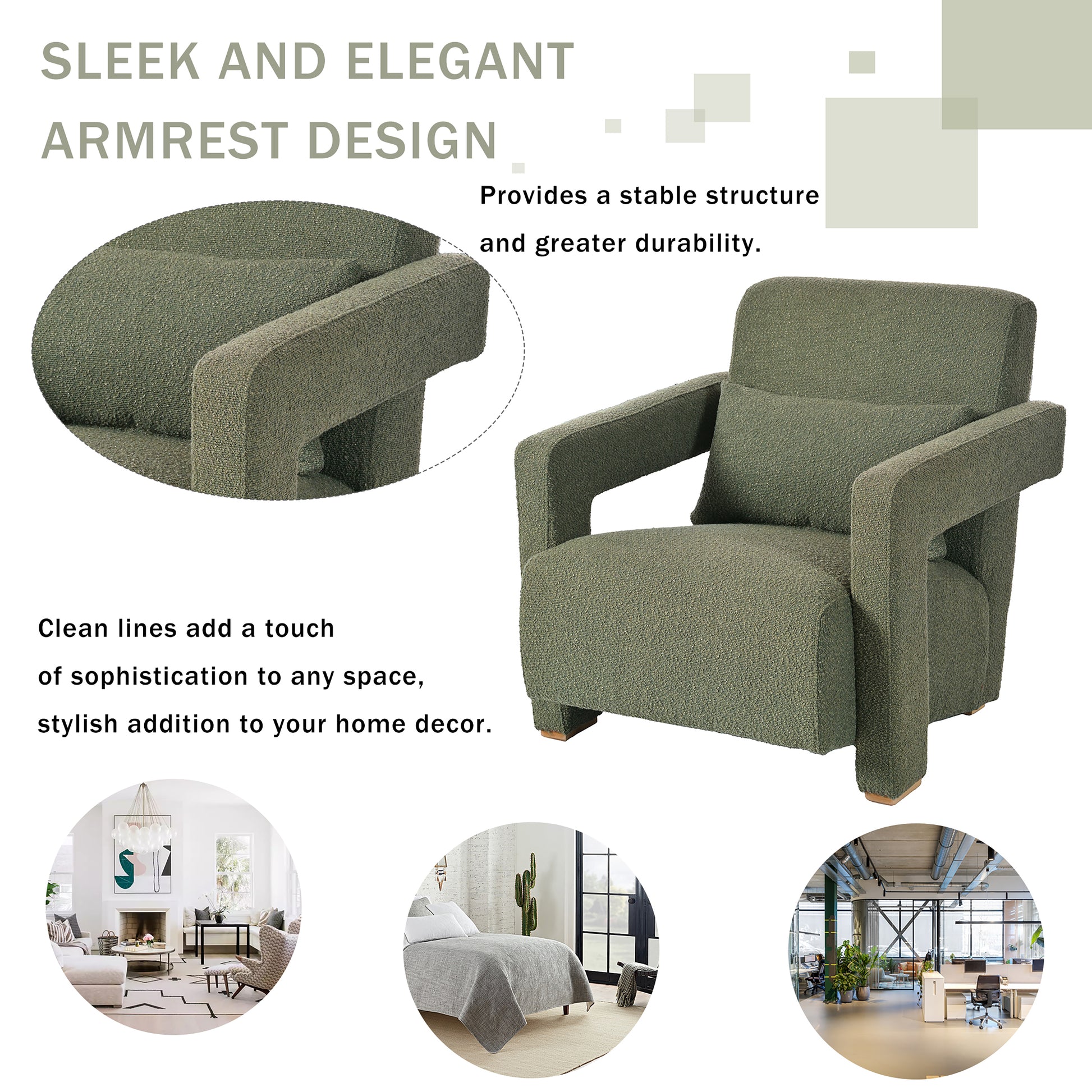 Mirod Sleek Right Angle Armrests, Ergonomic Lumbar Support, Square Wooden Block Legs, Inclined Seat For Comfort, Artistic Statement Piece For Living Room,Bedroom And Study Green Boucle