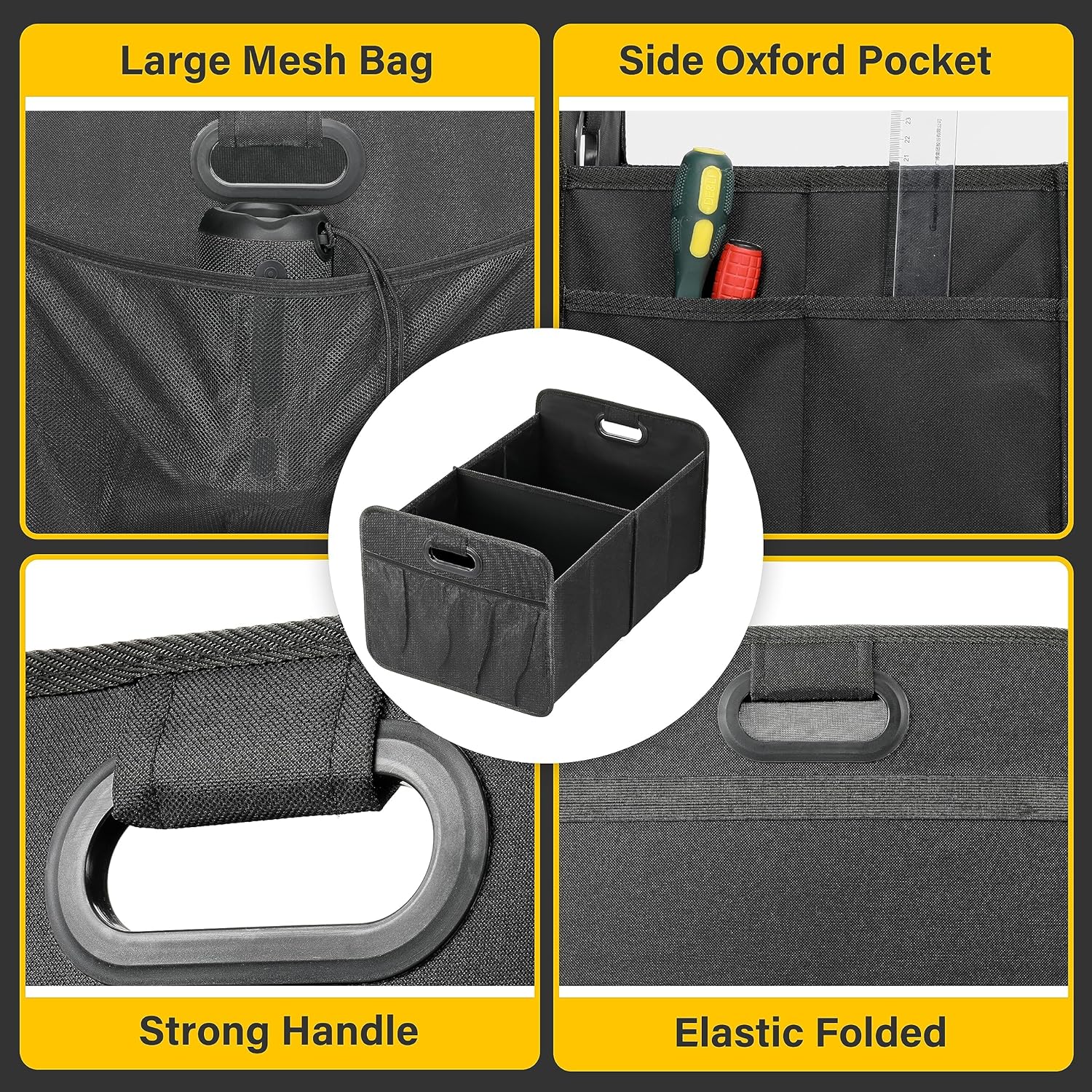 Trunk Organizer For Car Suv Truck, Collapsible 2 Compartment Automotive Storage Box, 600D Waterproof Oxford Polyester 50L Travel Accessories, Anti Slip & Leak Proof, Black Black Polyester