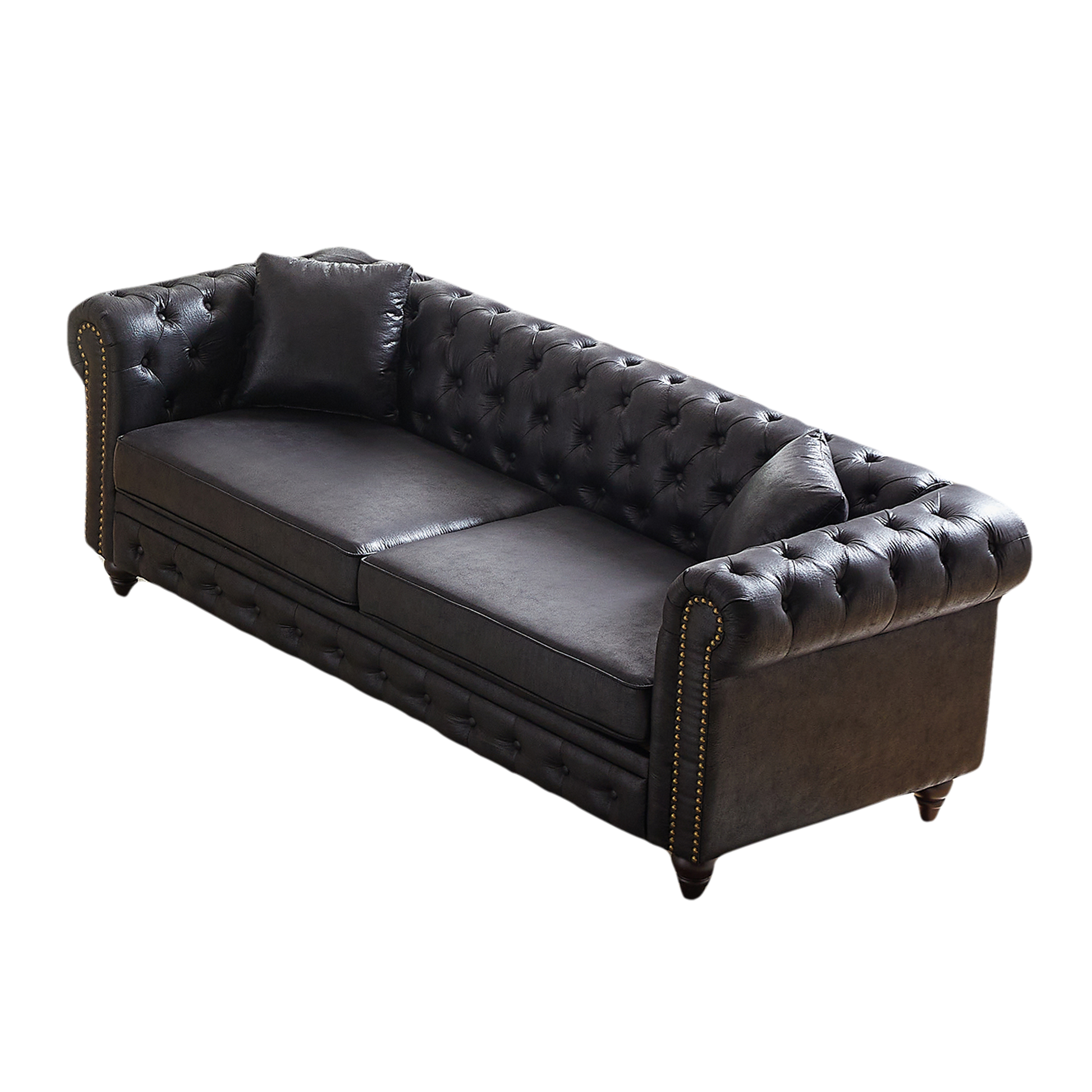 Fx 85.5"Living Room With Tech Fabric Chesterfield Sofa With Rolled Arms 3 Seater Sofa With Button Design And 2 Cushions For Apartment, Office, Living Room Black Wood Primary Living Space Pine Foam Fabric 3 Seat