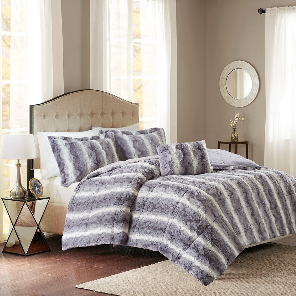 4Pc Faux Fur Comforter Set Queen Grey Polyester
