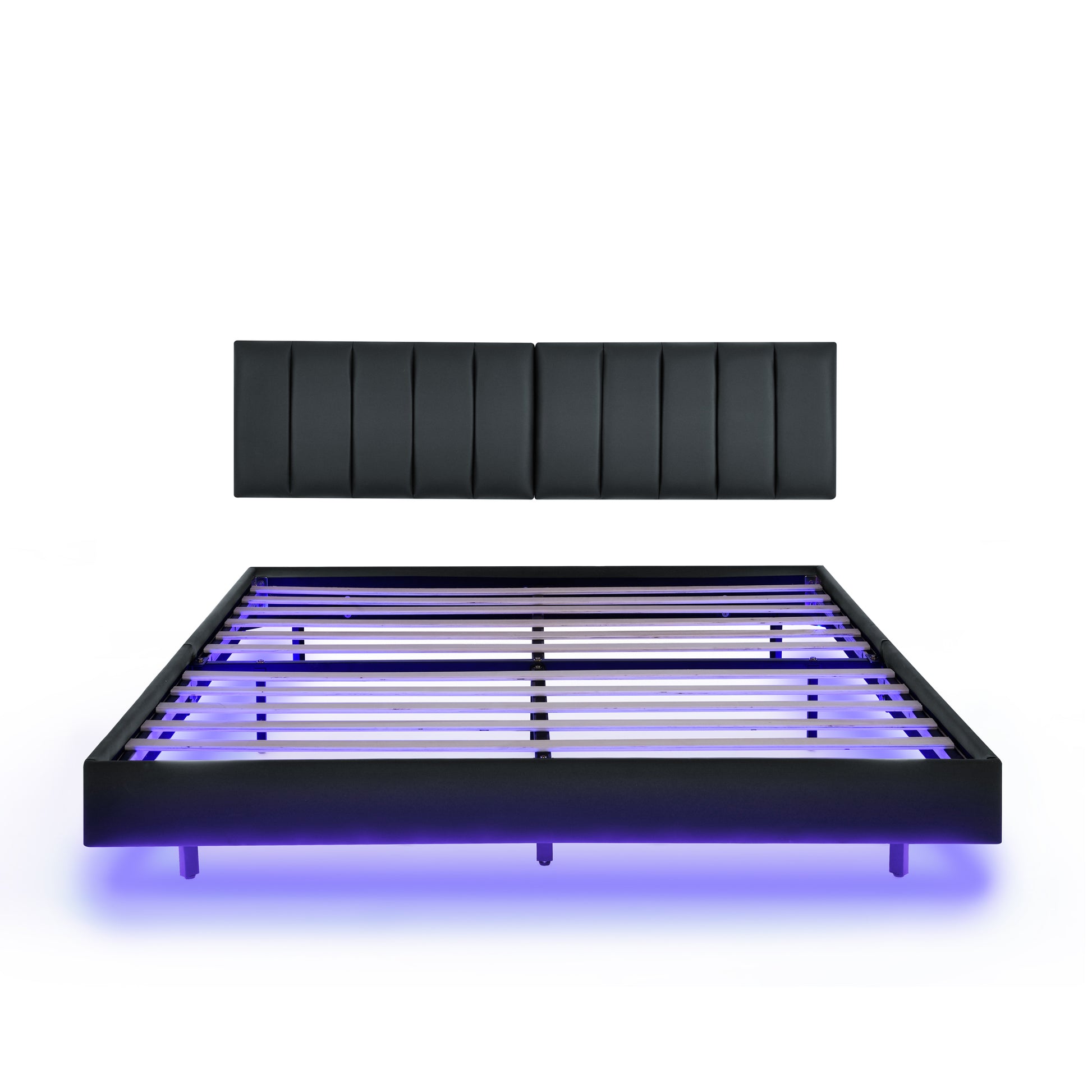 Queen Floating Bed Frame With Led Lights And Wall Mounted Headboard Modern Low Profile Led Platform Bed Frame Queen Size Faux Leather Upholstered Platform Bed Frame,No Box Spring Needed,Black Queen Black Pu