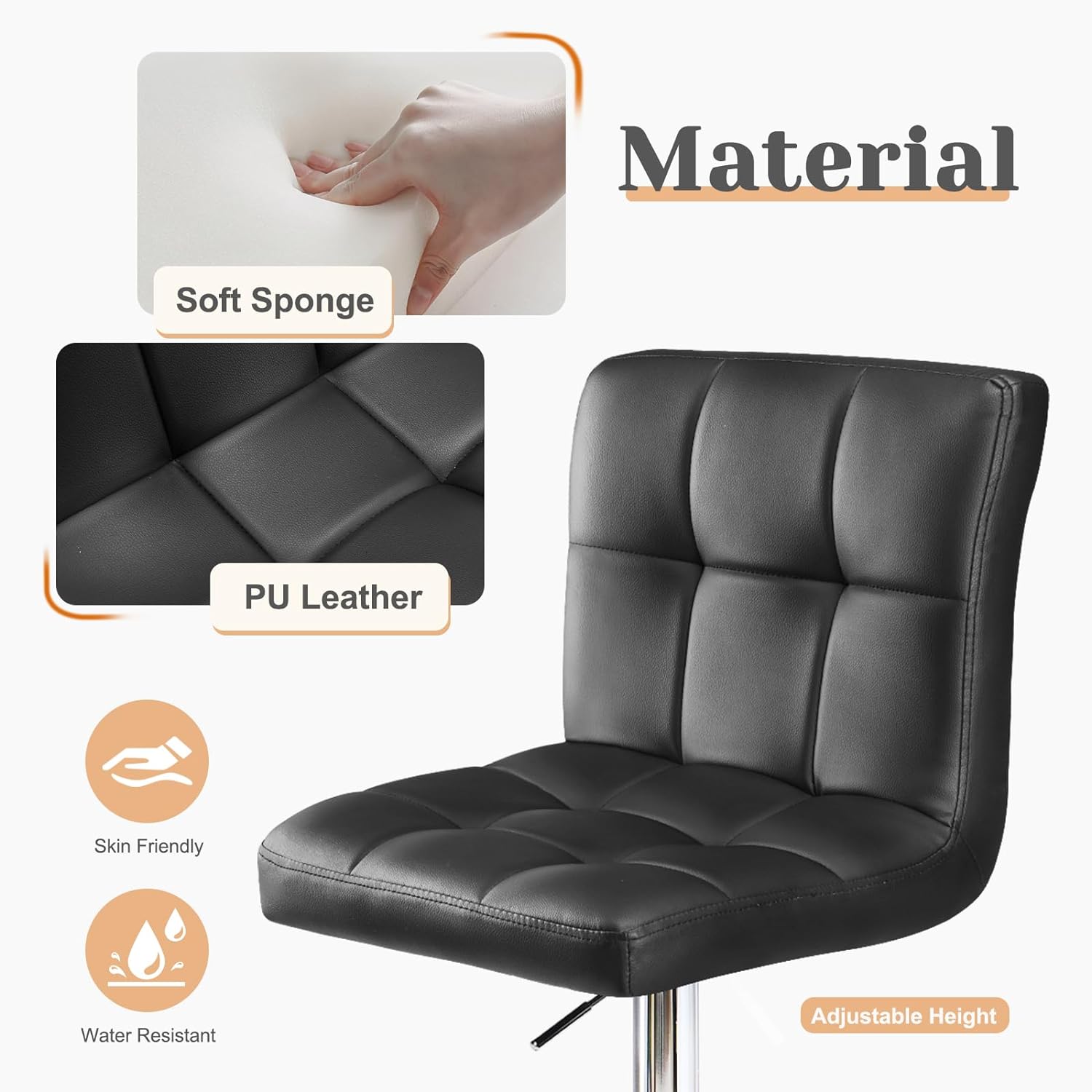 Bar Stools Set Of 2, Pu Leather Adjustable Swivel Barstools, Armless Adjustable Kitchen Counter Height Bar Stools, Thickened Seat Cushion Square Island Chairs With Back, Black Black Metal