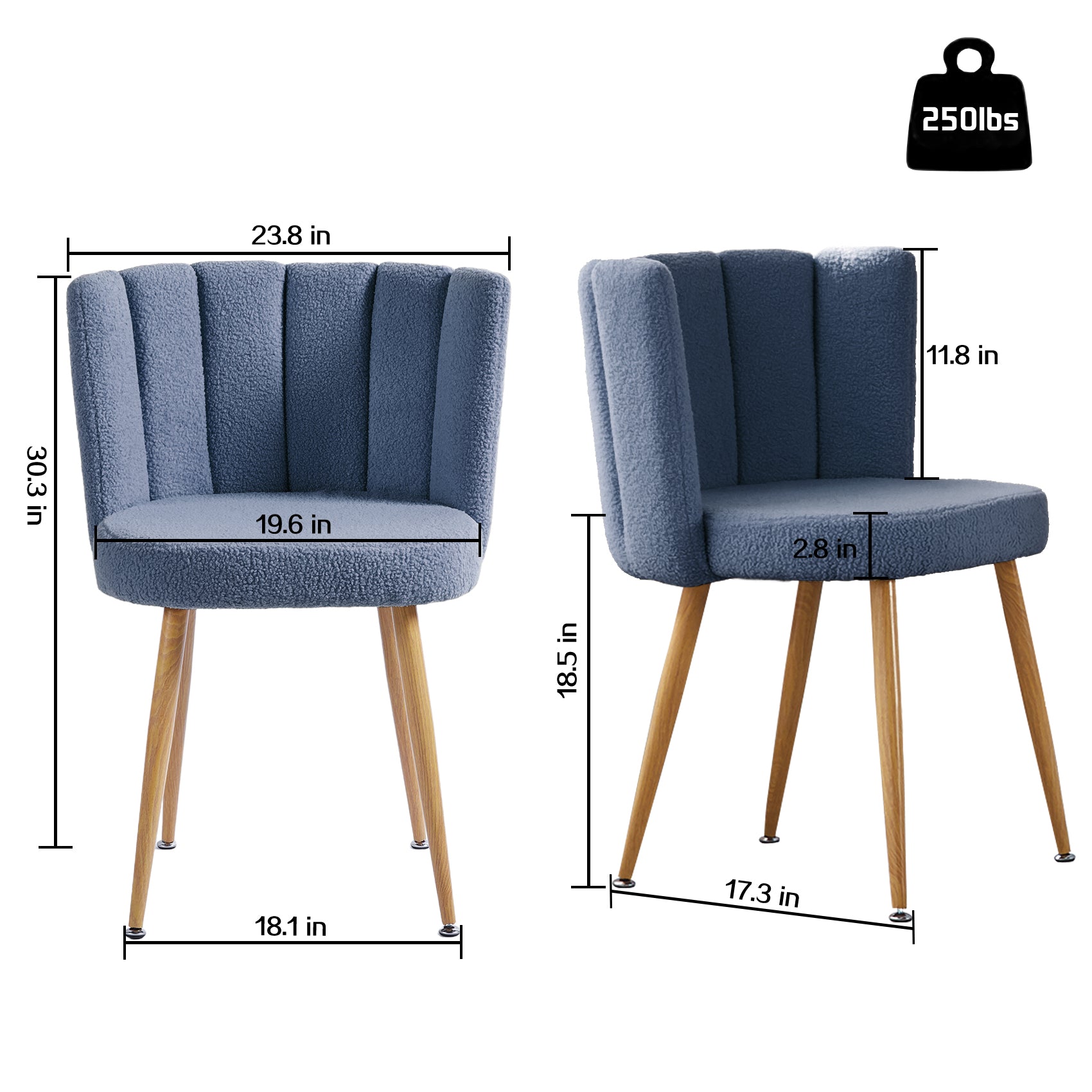 Modern Haze Blue Dining Chair Set Of 2 With Iron Tube Wood Color Legs, Shorthair Cushions And Comfortable Backrest, Suitable For Dining Room, Living Room, Cafe, Simple Structure. Blue Fabric