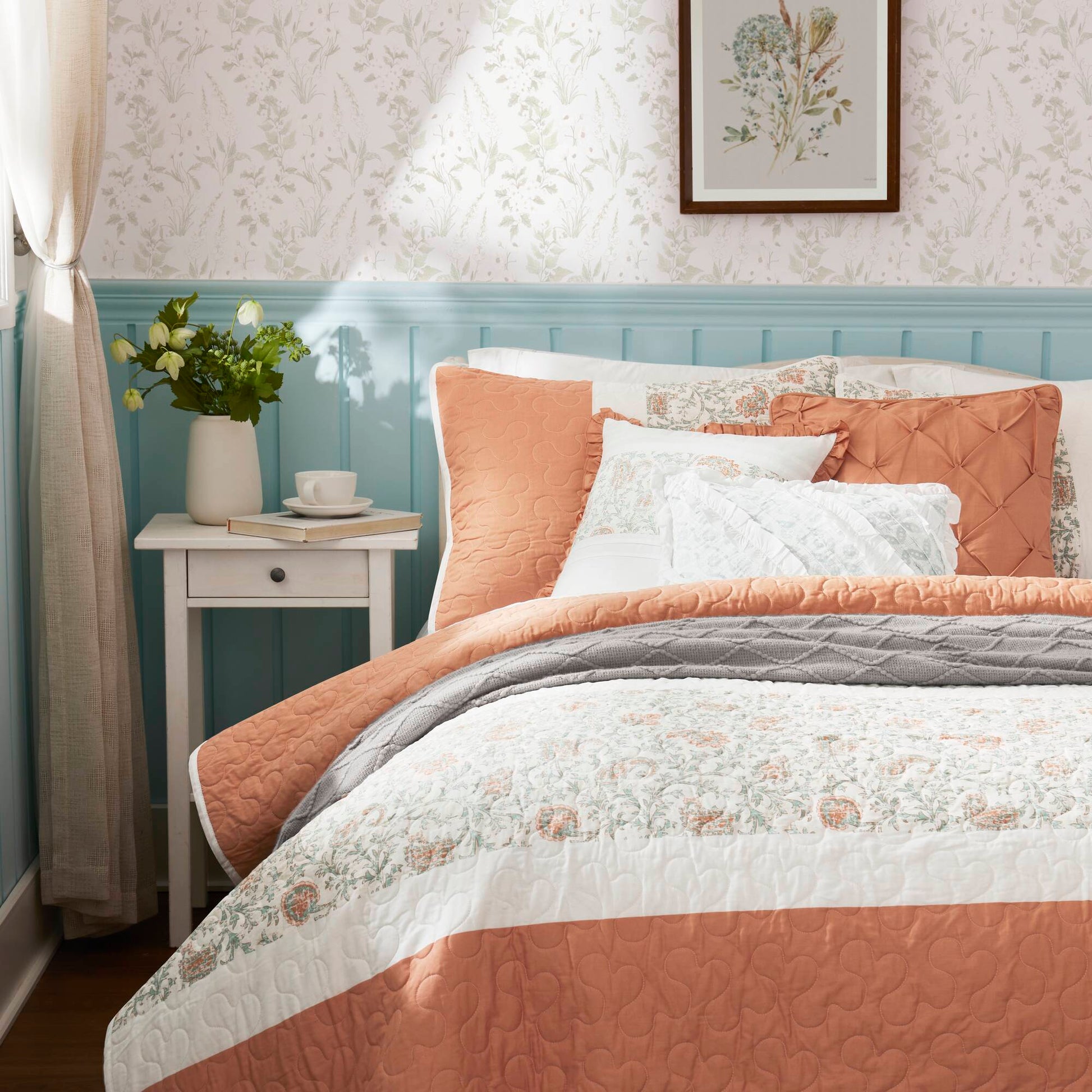 6 Piece Cotton Percale Quilt Set With Throw Pillows Coral Full Queen Full Coral Polyester