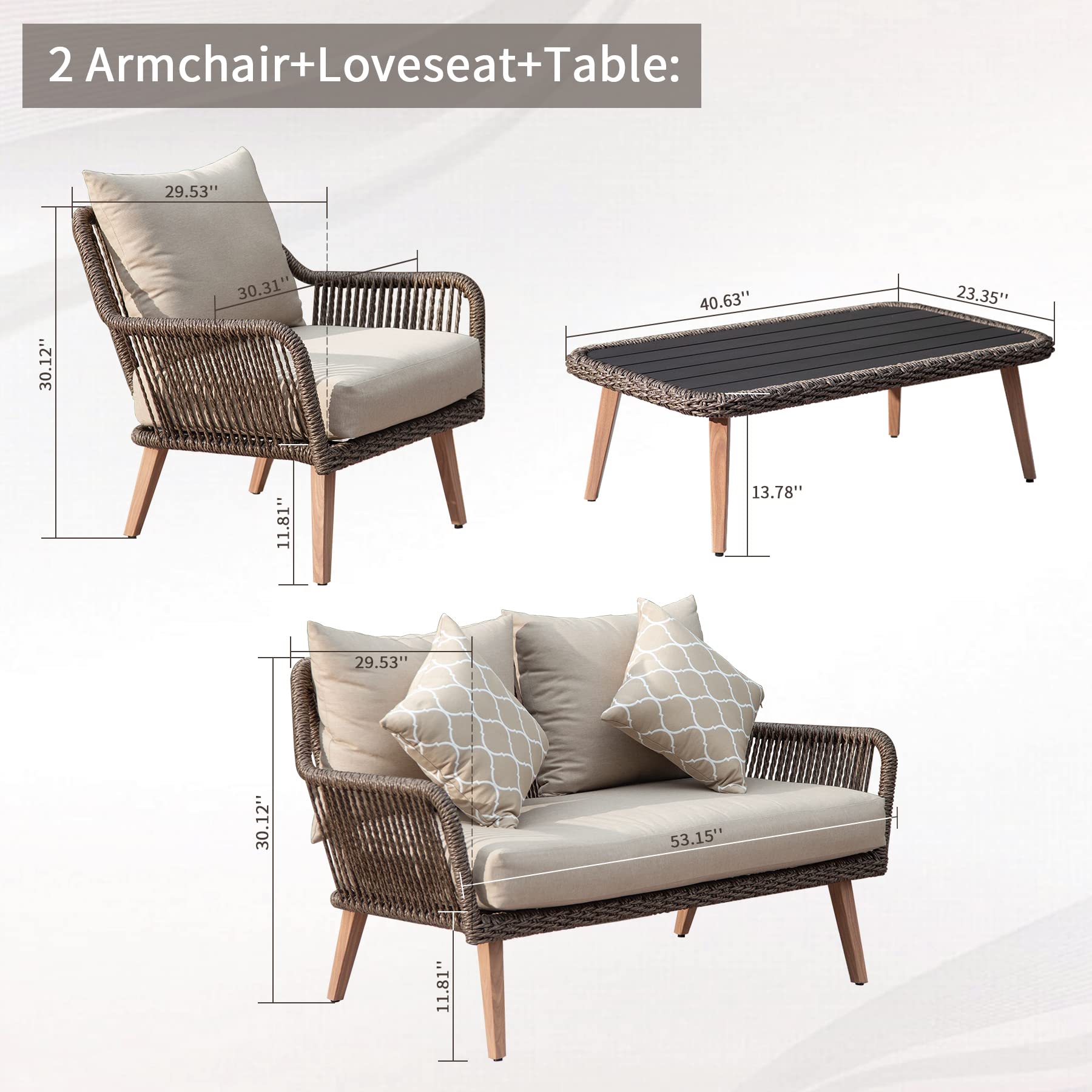 Patio Conversation Sets 4 Pieces, Handwoven Rattan Wicker Aluminum Frame Outdoor Patio Set, All Weather Modern Rope Patio Loveseat With Coffee Table For Garden Balcony Deck Poolside Porch Khaki Yes Khaki Garden & Outdoor Multiple Chairs Seating Group