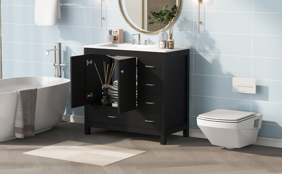 36" Black Bathroom Vanity With Ceramic Sink Combo, Abundant Storage Cabinet 2 Soft Close Doors And 5 Drawers Black Bathroom Solid Wood Mdf
