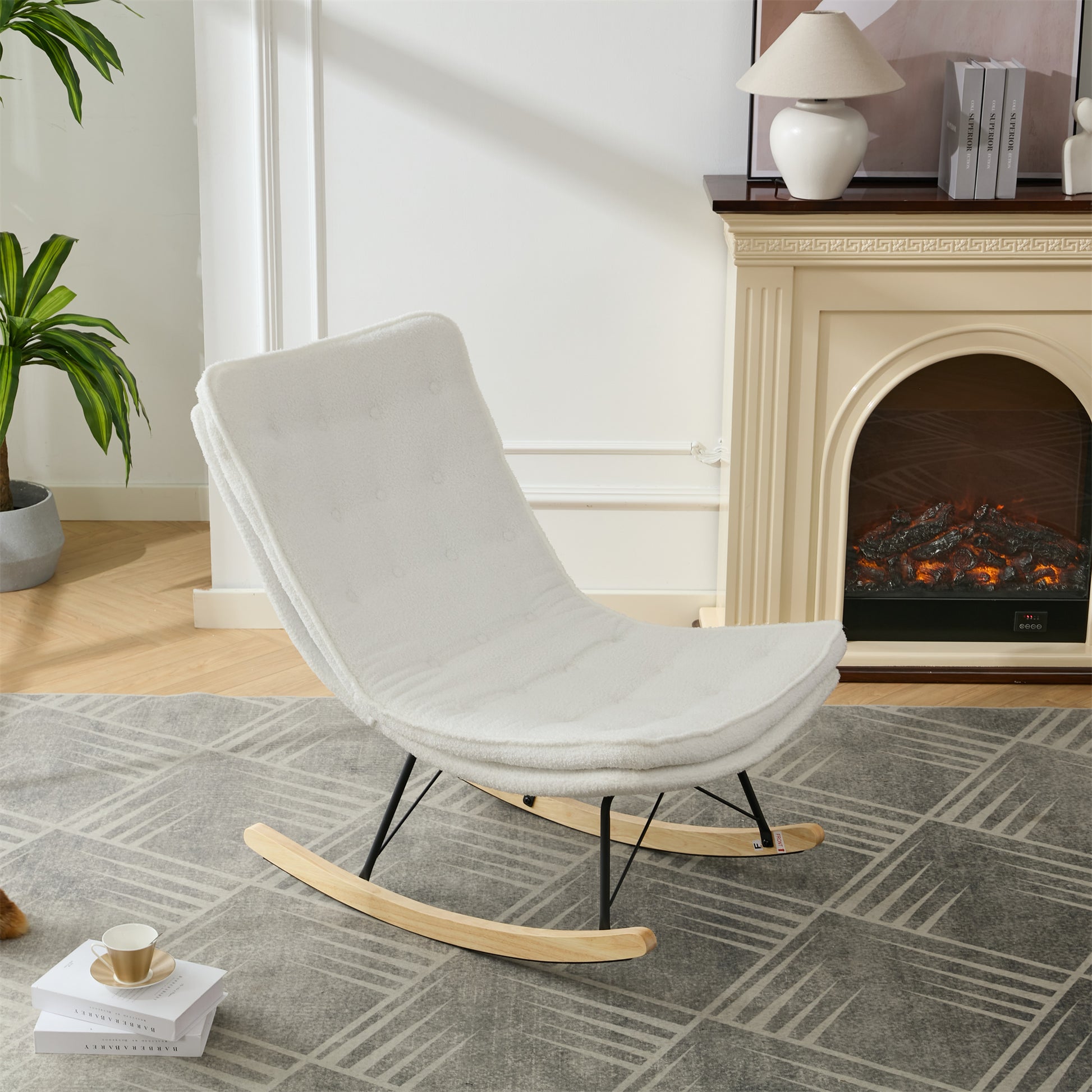 Lazy Rocking Chair,Comfortable Lounge Chair With Wide Backrest And Seat Wood Base, Upholstered Armless Rocker Chair For Living Room, Balcony,Bedroom And Patio Porch. White Cushion Iron White Primary Living Space Sponge Square Casual Rocking Chairs