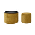 2 Piece Set Round Chenille Storage Ottoman, Equipped With A Drum Shaped Small Stool, Storage Space, And Mdf Made Desktop Panel Dark Yellow 23.62