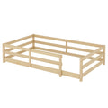 Twin Size Floor Bed, Montessori Floor Bed With Fence, Kids Montessori Bed Twin Size, Wood Montessori Floor Bed For Kids, Girls, Boys Natural Natural Wood Metal