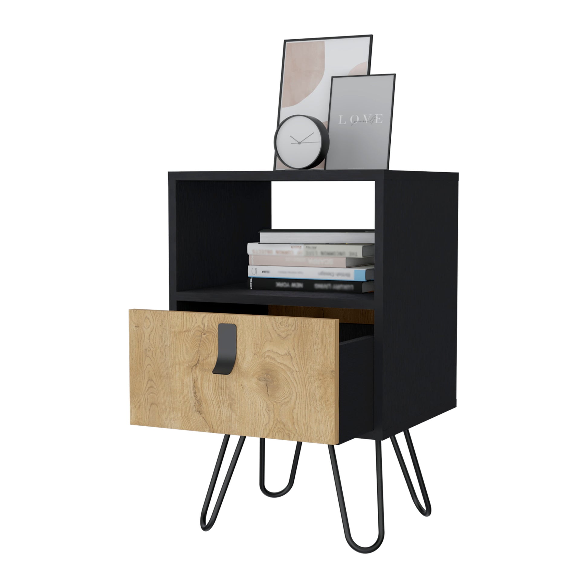 Kimball Nightstand, Large Storage Design With Hairpin Legs, Drawer An Open Shelf Multicolor 1 Drawer Bedroom Open Storage Contemporary Pine Shelving Pine Particle Board Engineered Wood