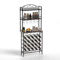 Industrial Wine Rack Bar Table, 3 Tier Liquor Bottle And Glass Holder With Storage Shelves, Metal And Wood Wine Organizer For Home Kitchen, Dining Room, And Living Room Black Brown Kitchen American