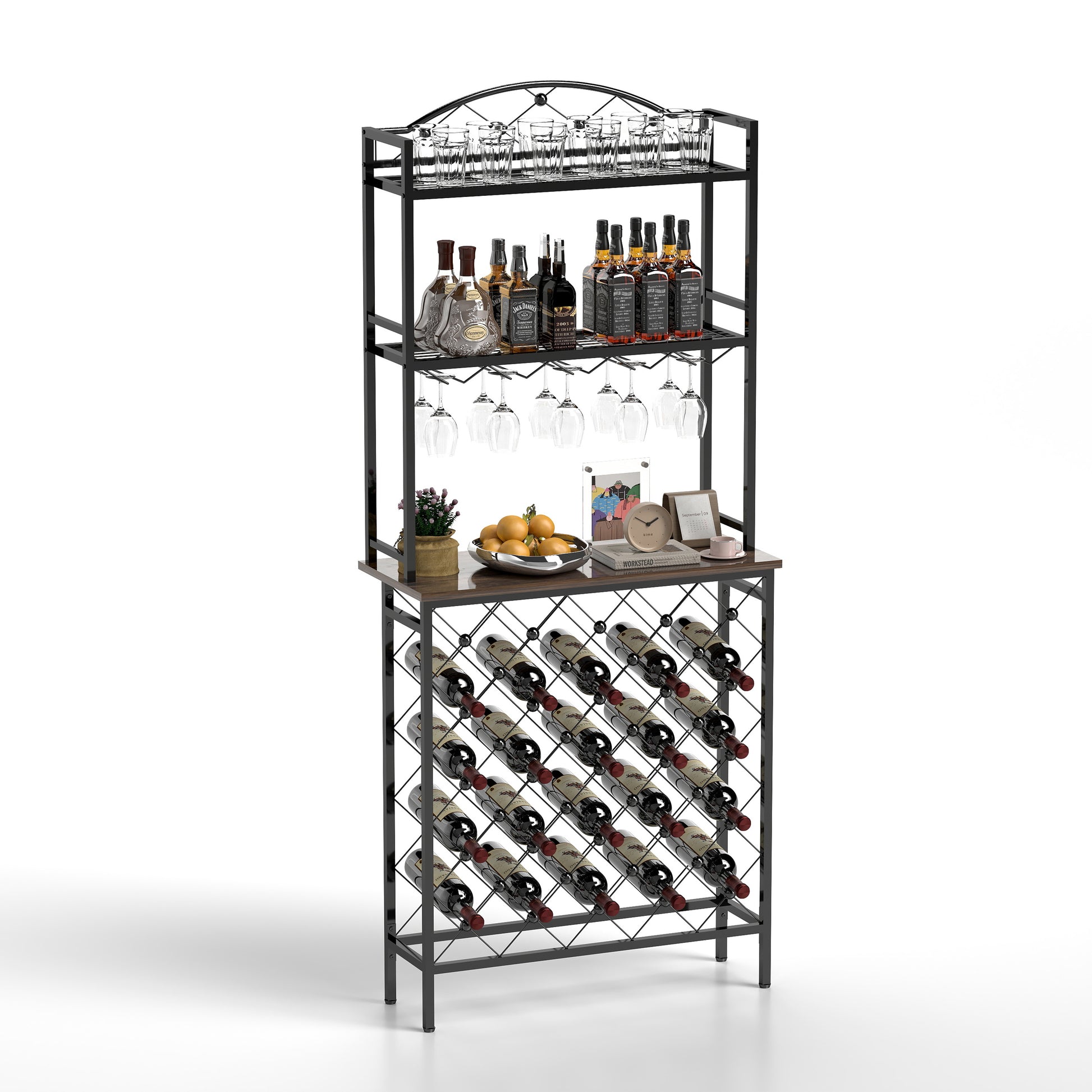 Industrial Wine Rack Bar Table, 3 Tier Liquor Bottle And Glass Holder With Storage Shelves, Metal And Wood Wine Organizer For Home Kitchen, Dining Room, And Living Room Black Brown Kitchen American