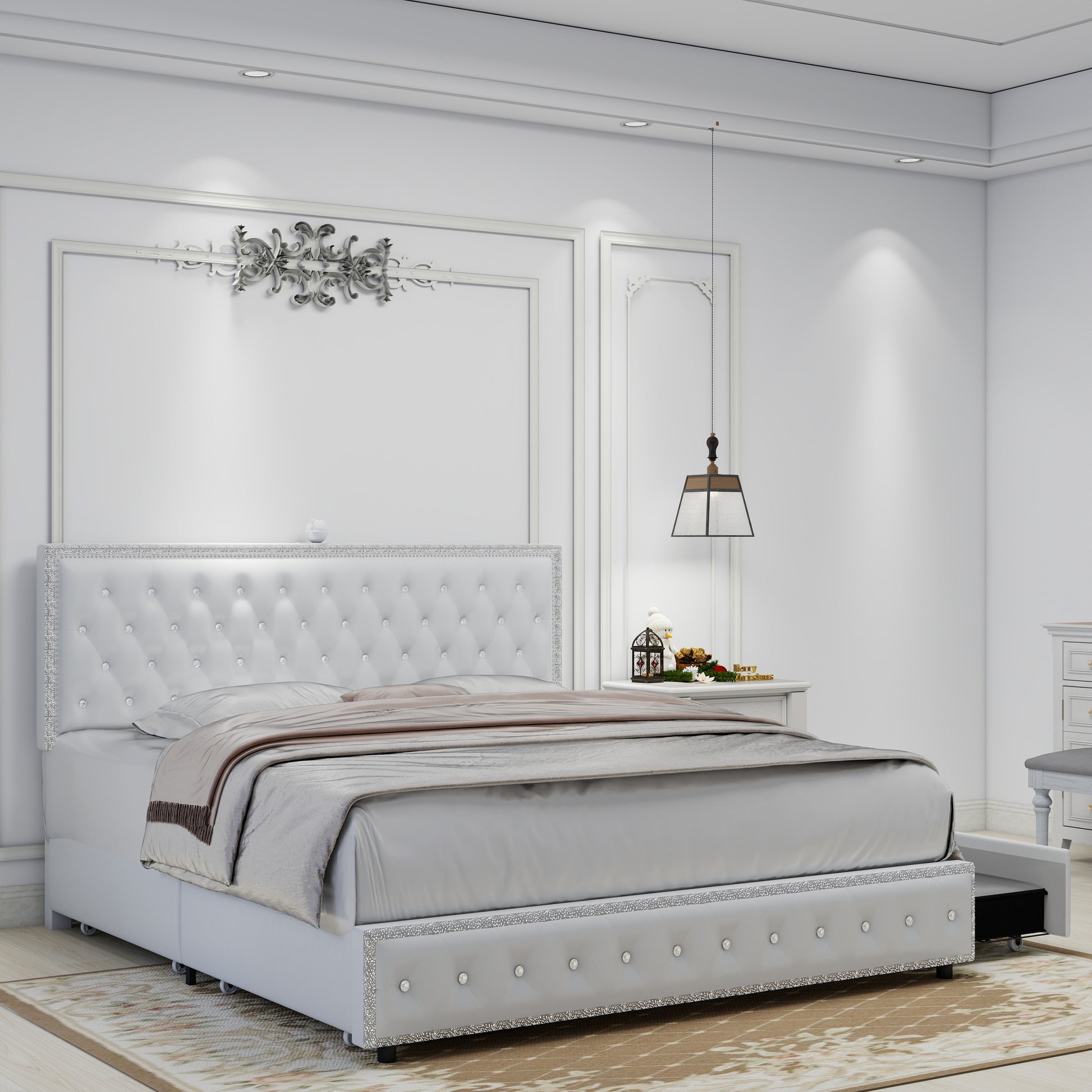Queen Size Bed Frame With 4 Drawers, Star Galaxy Projector, Usb Charger, Music Speaker, Adjustable Upholstered Headboard With Diamond Button,Pu Leather White Pu Mdf Metal