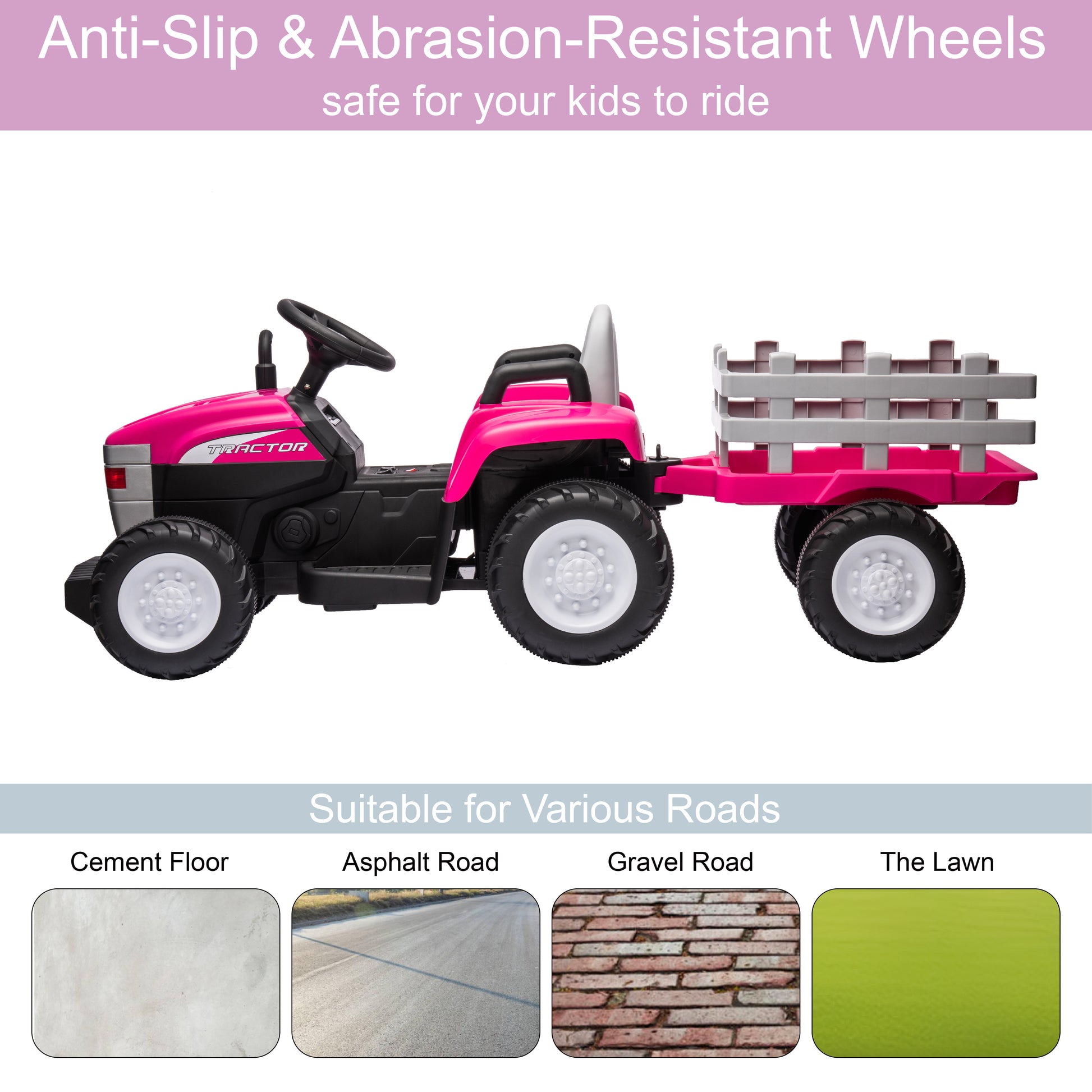 Pink, 12V7Ah Battery Powered Toy Tractor With Trailer, Remote Control, Kids' Electric Excavator Vehicles With 2X35W Dual Motor, Treaded Tires, Led Lights, Usb, Music, Safety Belt Gift Childrens Day
