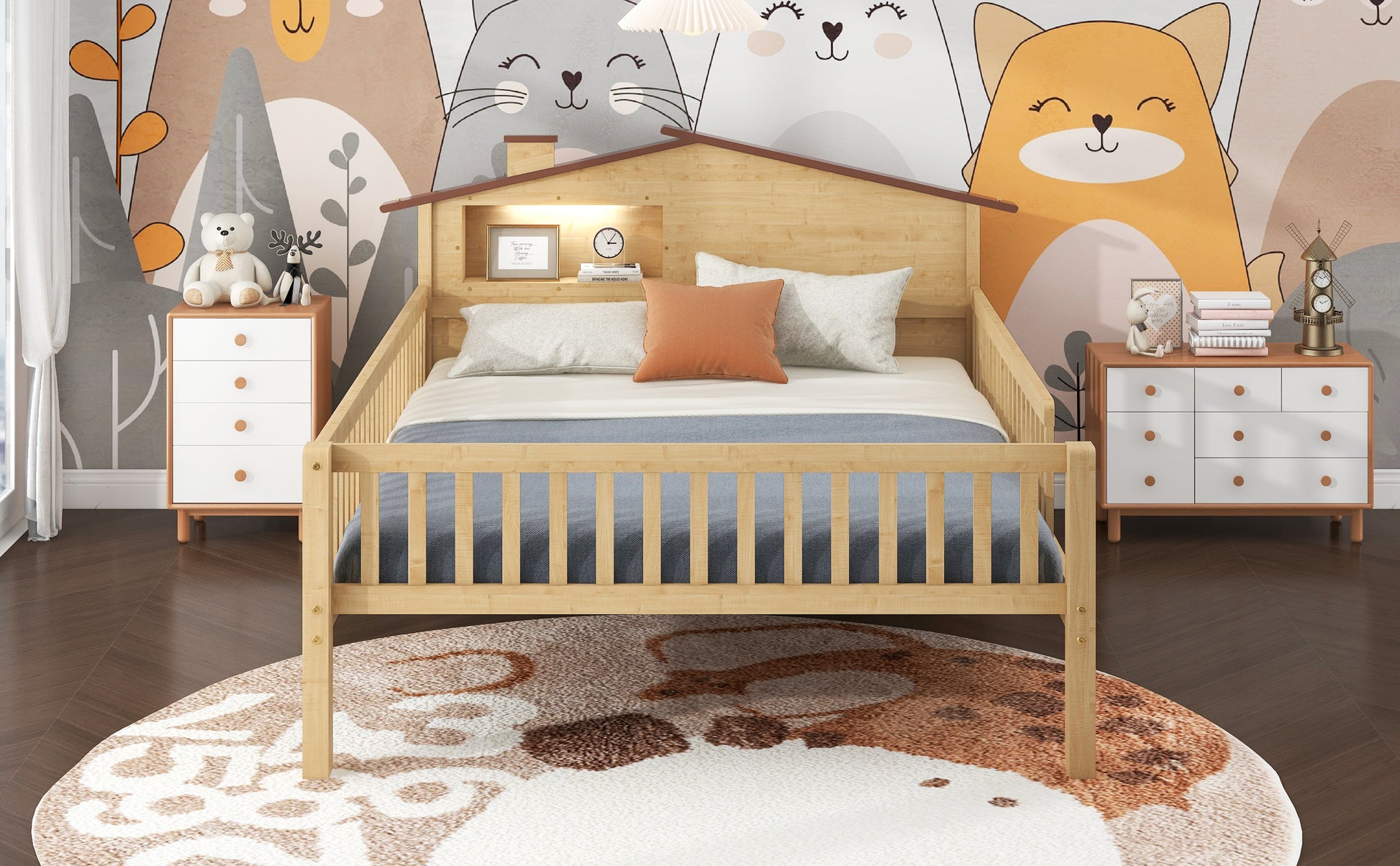 Full Size Wood Platform Bed With House Shaped Headboard, Led And Built In Storage, Natural Box Spring Not Required Full Natural Wood Bedroom Bed Frame Wood