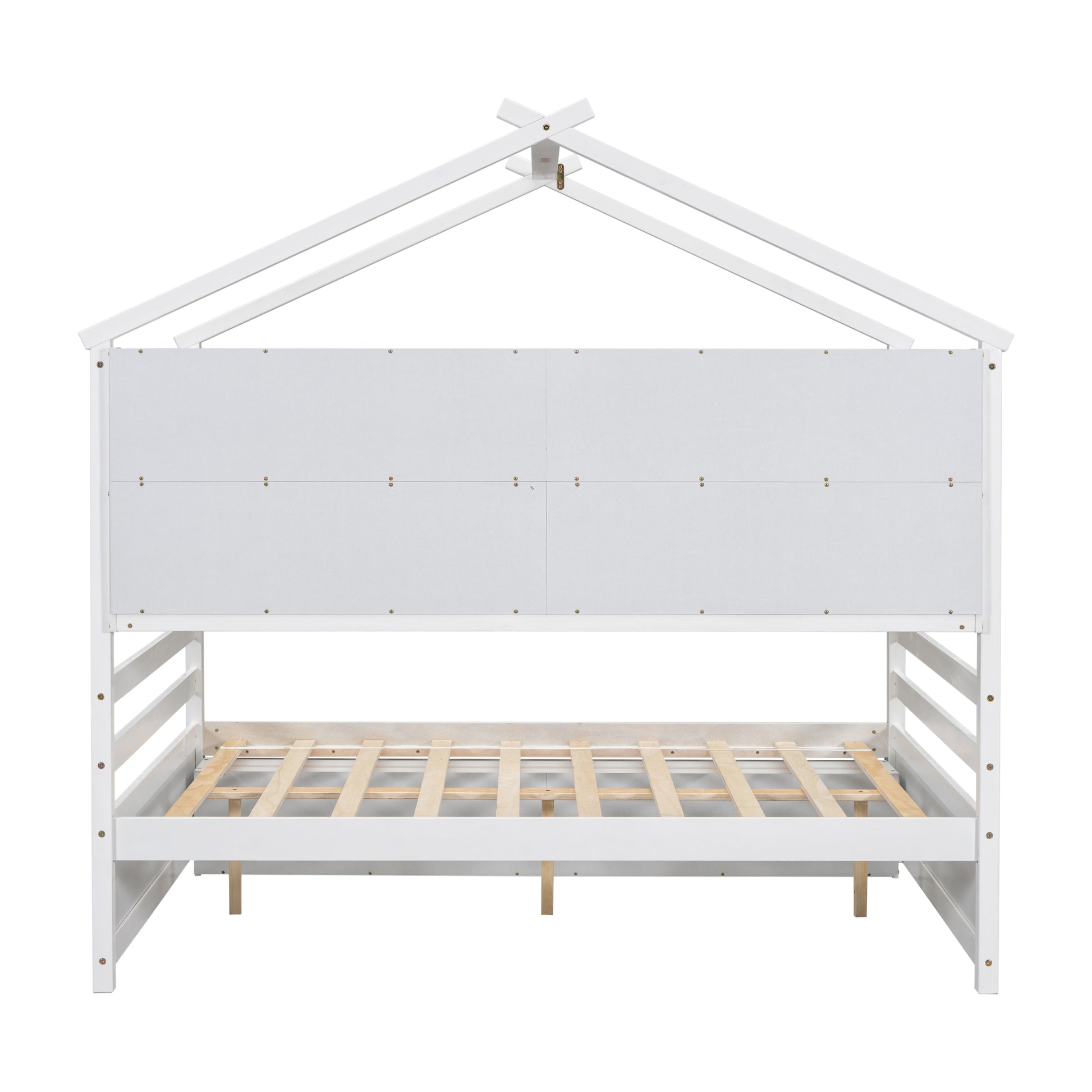 Full House Bed With Roof Frame, Bedside Shelves, Under Bed Storage Unit,White Full White American Design Pine