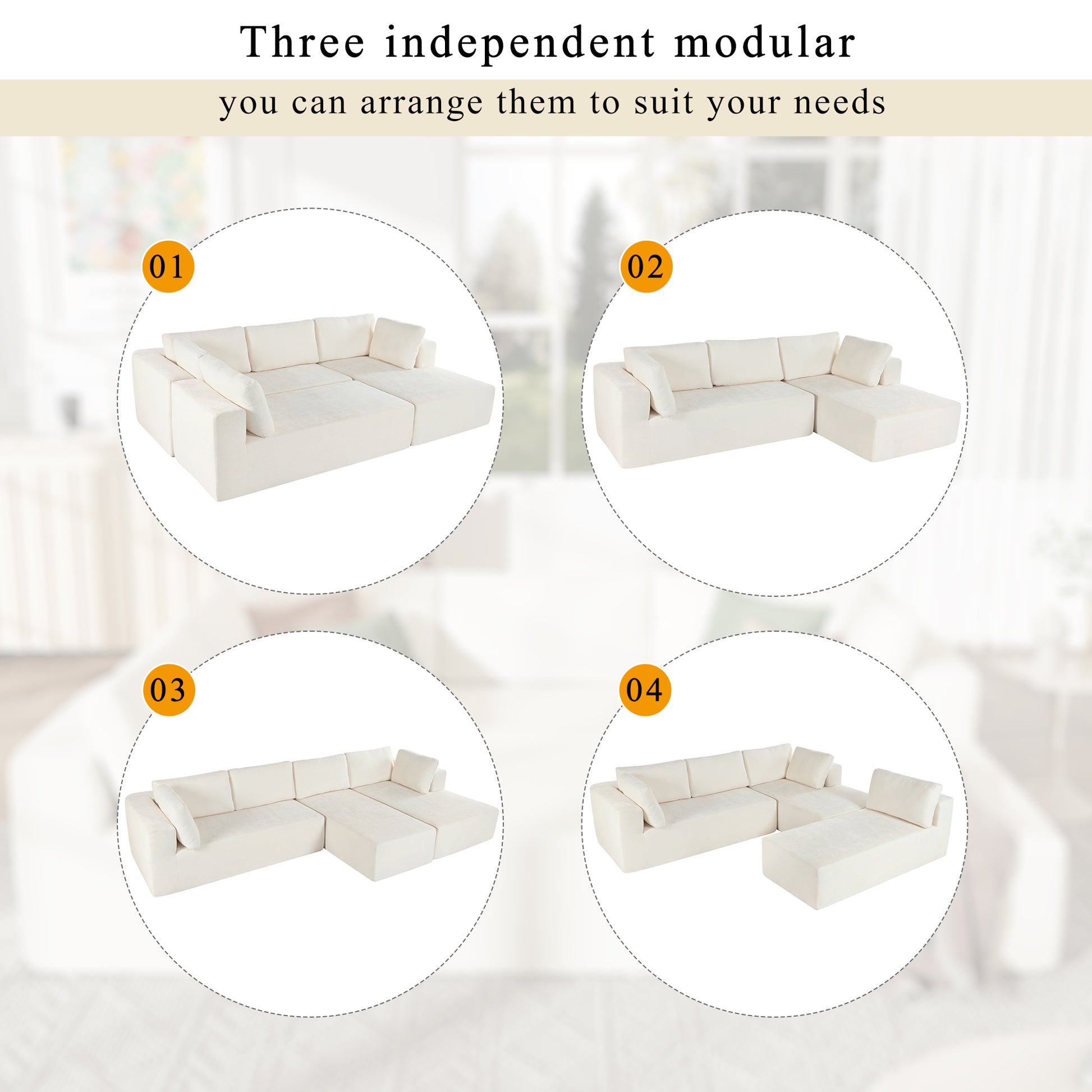 Modern Large Modular Sectional Sofa For Living Room, Bedroom, Salon, 3 Piece Free Combination Beige Polyester 3 Seat