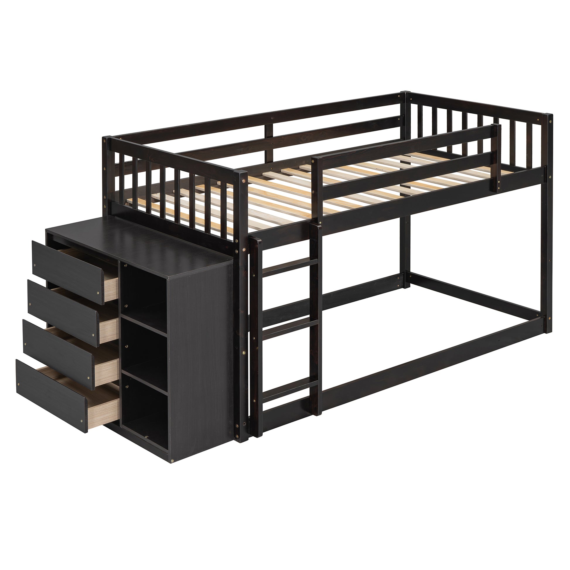 Twin Over Twin Bunk Bed With 4 Drawers And 3 Shelves Espresso Twin Espresso Solid Wood