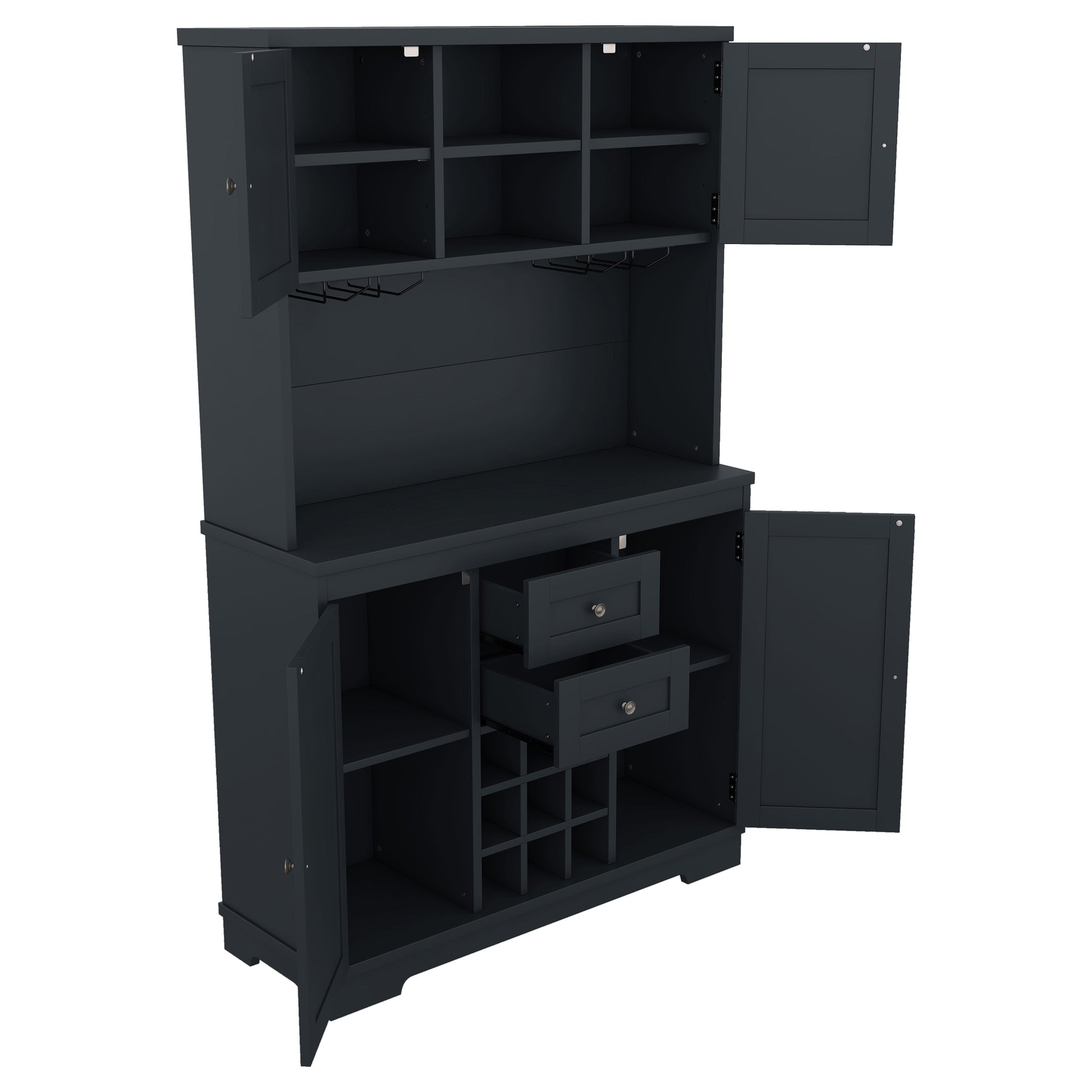 Coffee Bar Cabinet Kitchen Cabinet With Storage, Farmhouse Wine Cabinet With Drawers Shelves And Cabinets, Buffet Cabinet Wine & Glass Racks For Dining Room, Kitchen, Dark Blue Antique Blue Particle