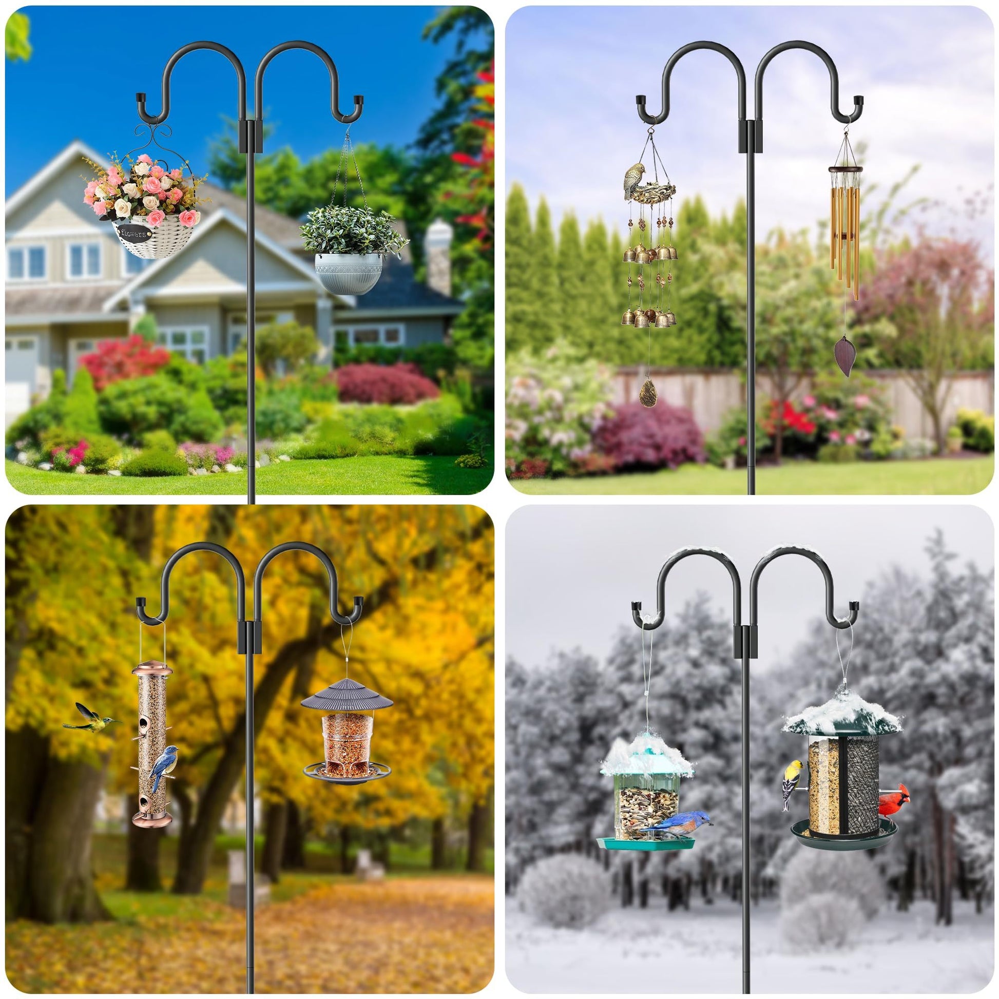 Double Shepherd Hooks For Outdoor, 79 Inch Heavy Duty Bird Feeder Pole For Hanging Bird Feeder, Garden Hooks Plant Baskets, Garden Plant Hanger Stands With 5 Prong Base Black Metal