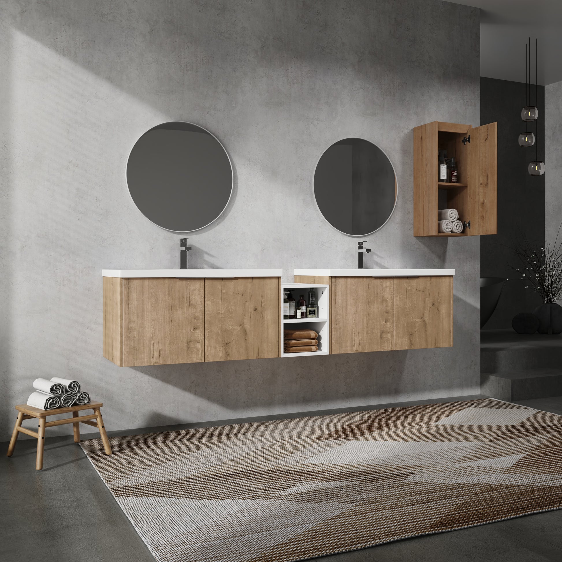 84" Wall Mounted Bathroom Vanity With Sink And Side Cabinet, Soft Close Doors,00112Imo 00636Imox2 0612Gwh Combination Cabinet Kd Packing Imitative Oak Bathroom Modern Plywood Plywood