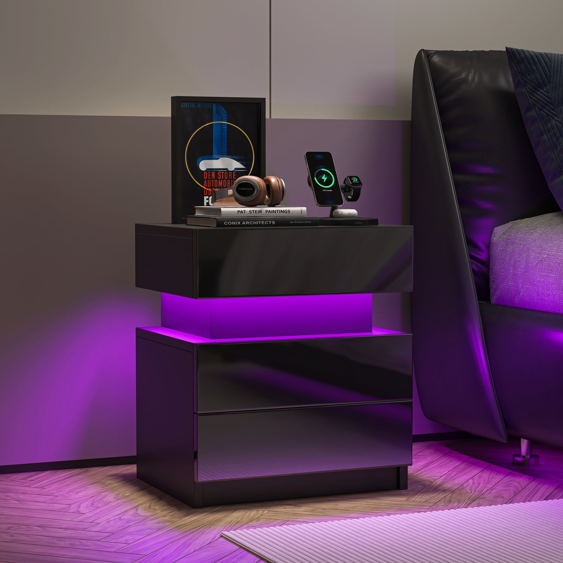 Led Nightstand Modern Black Nightstand With Led Lights Wood Led Bedside Table Nightstand With 2 High Gloss Drawers For Bedroom Standard 1 2 Drawers Black Bedroom Drawers Included American