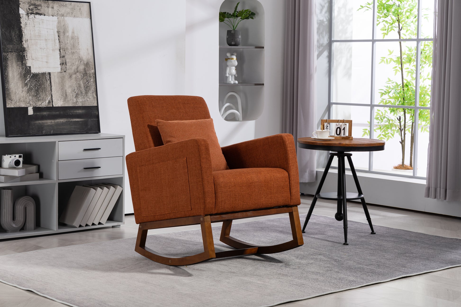 Mid Century Modern Accent Chair With Wood Frame, Upholstered Living Room Chairs With Waist Cushion, Reading Armchair For Bedroom Sunroom Brown Linen