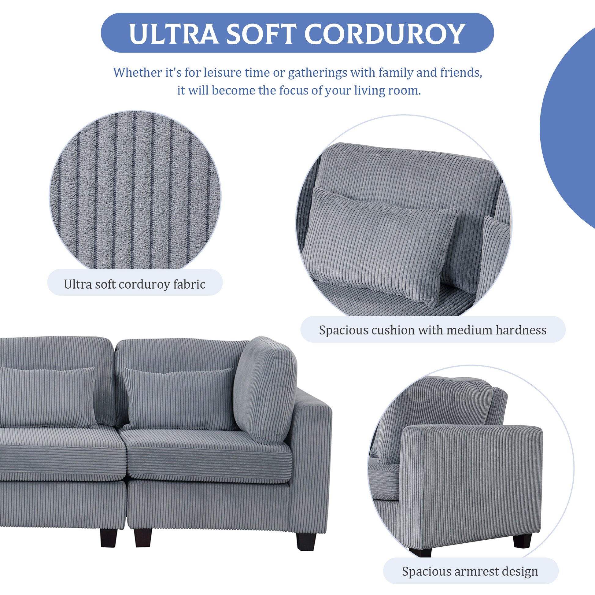5 Pieces L Shaped Sofa With Removable Ottomans And Comfortable Waist Pillows Grey Polyester 5 Seat
