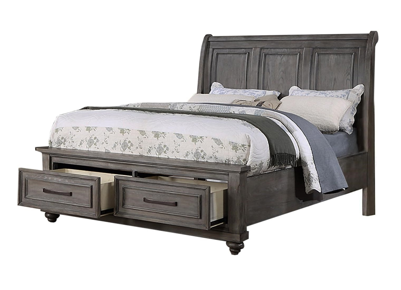 Eastern King Size Bed W Under Bed Drawer Vintage Look Gray Color Beautiful Panel 1Pc Bedframe Bedroom Box Spring Required King Antique Gray,Gray Wood Bedroom Contemporary,Modern,Transitional Storage