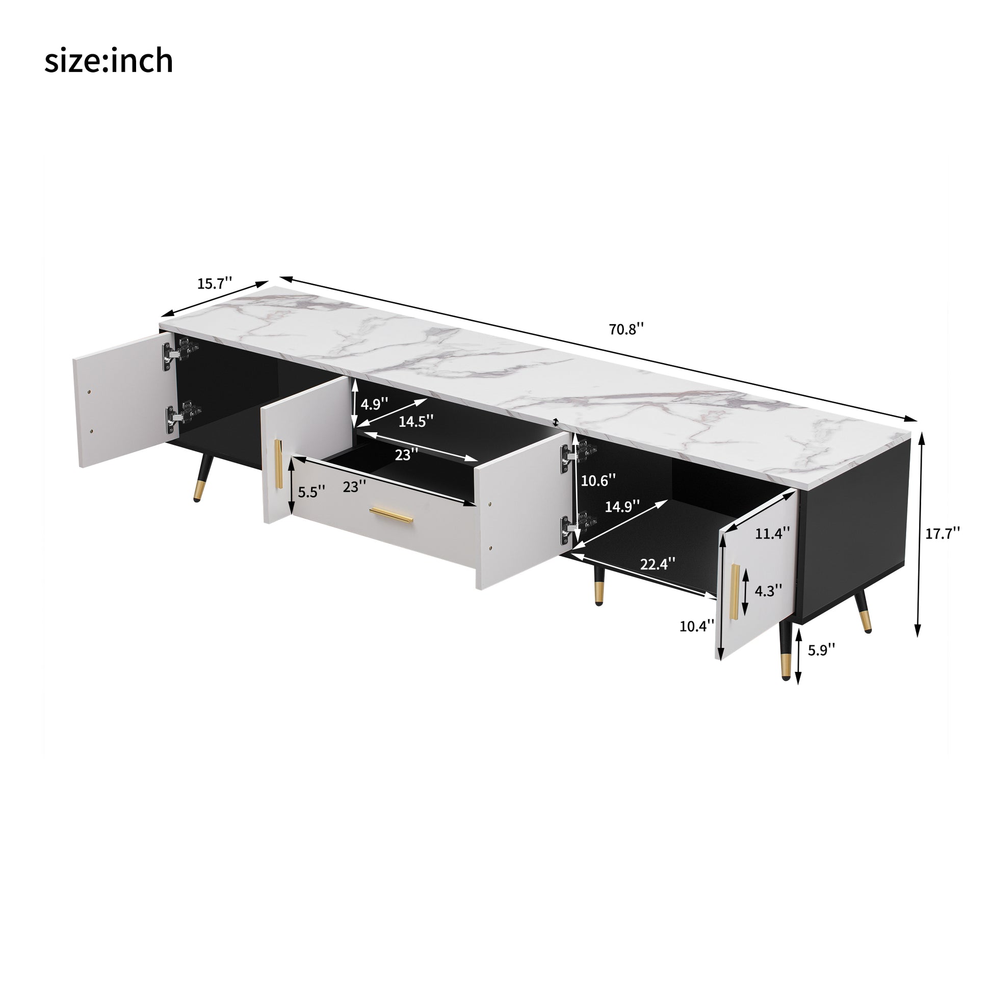 71'' Modern Tv Stand With 2 Cabinets& Open Compartments, Entertainment Center For Tvs Up To 80'', Television Console For Living Room, Bedroom, Home Theatre White Black Primary Living Space 70 79