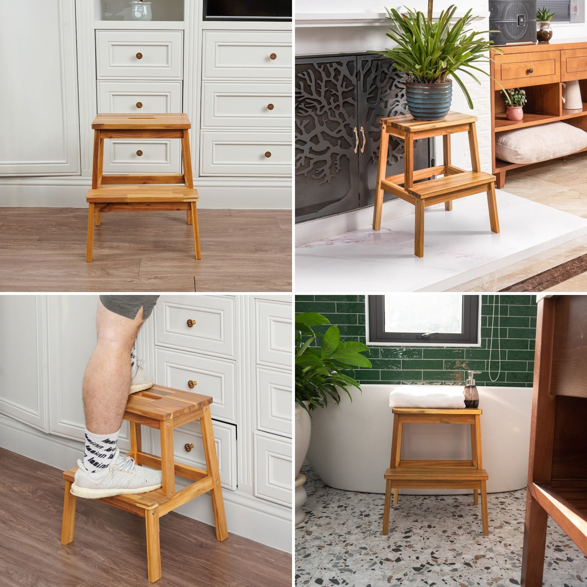 Acacia Wood Two Steps Stool Small Size Rectangle Acacia Wood Light Brown Primary Living Space American Design Acacia Wood