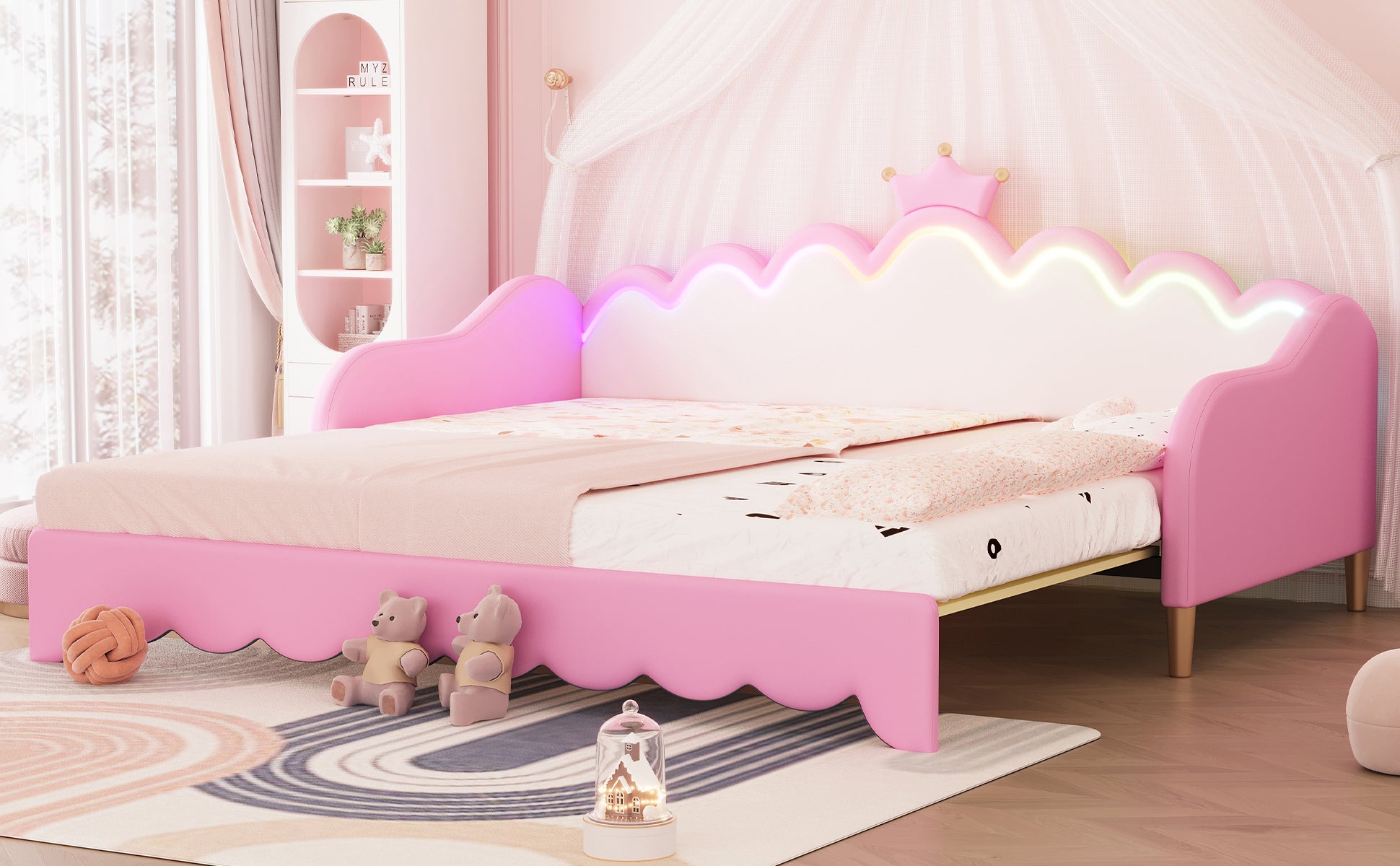 Twin Extending Daybed With Led Lights, Modern Upholstered Princess Daybed With Crown Headboard,Pink Twin Pink Wood