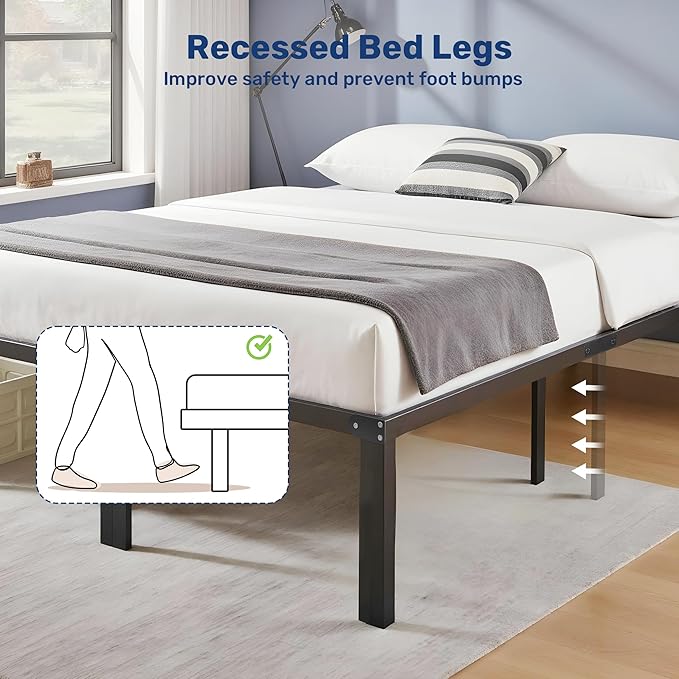 Full Size Bed Frame, 14 Inch Platform Bed No Box Spring Needed, Sturdy Metal Bed Frame Full Size, Storage Space Under The Bed Heavy Duty Frame Bed, Black Black Metal