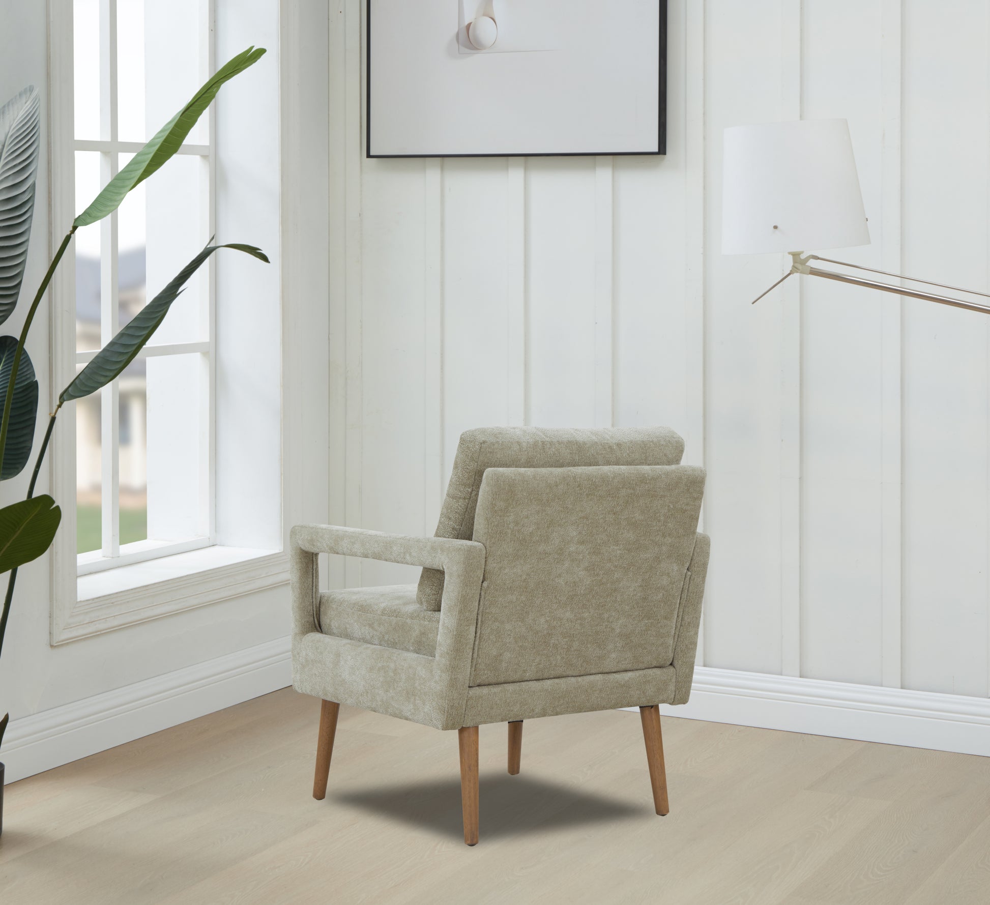 Mid Century Armchairaccent Chair With Chenille Armrest & Soft Cushion For Living Room, Bedroom, Home Office, Study, Light Grey Gray Foam Wood Fabric