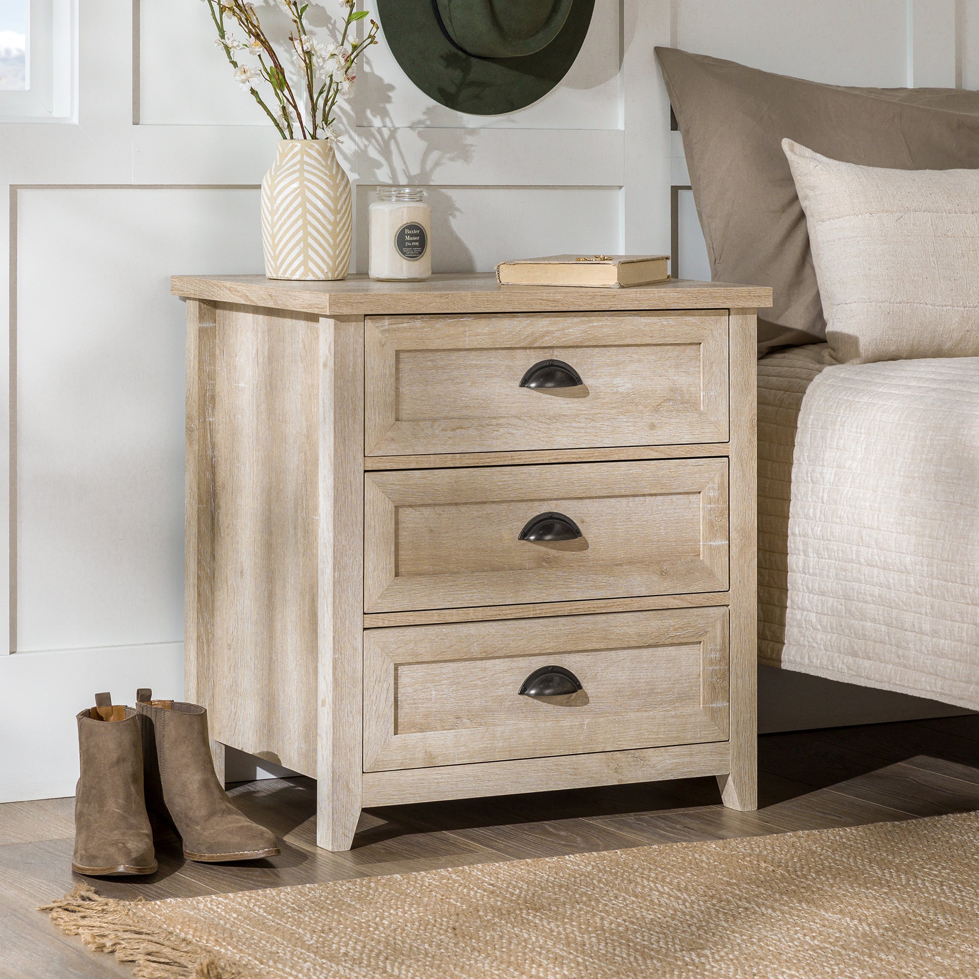 Transitional Farmhouse Framed 3 Drawer Nighstand With Cup Handles White Oak Brown Mdf