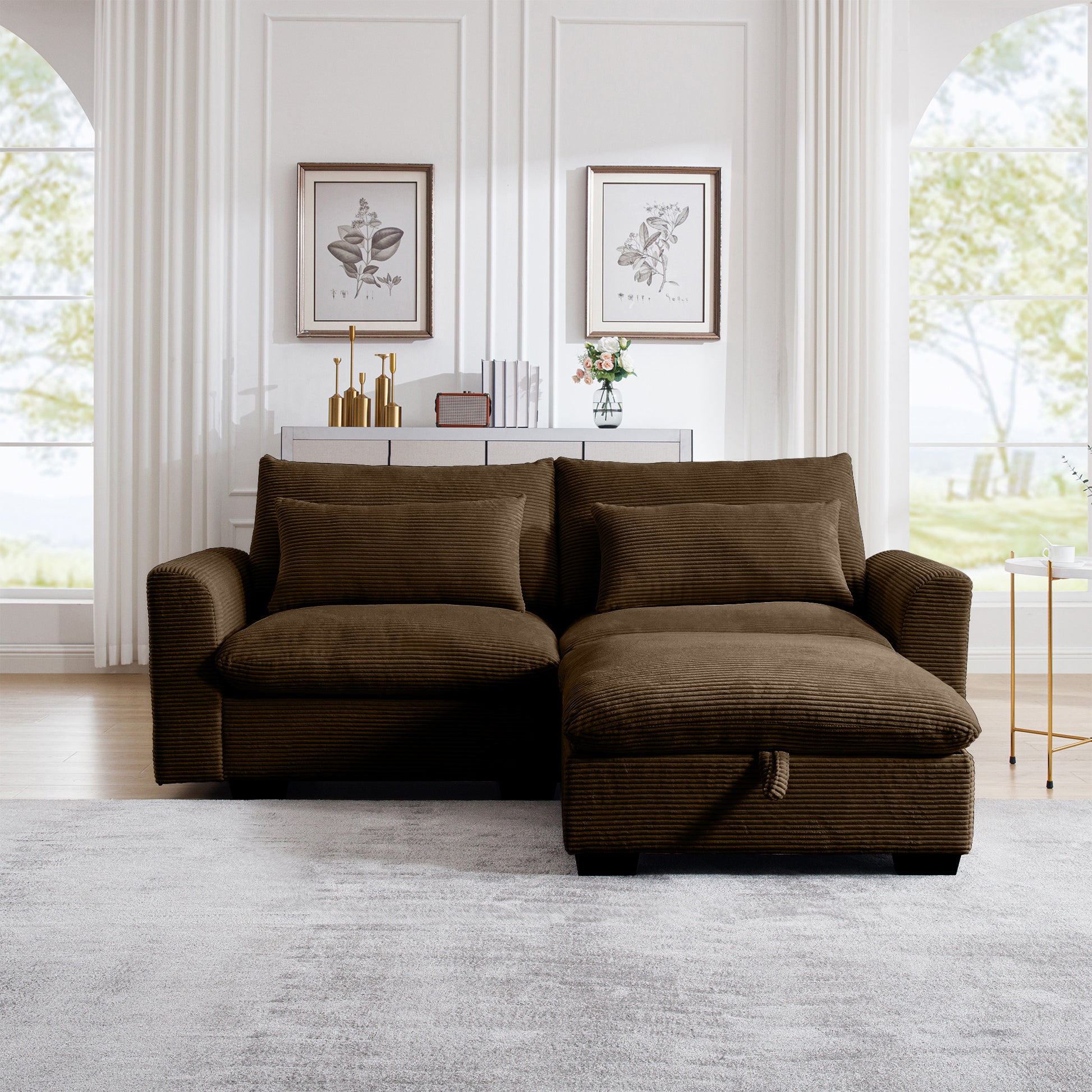 Sectional Sofa Comfy Corduroy Couch For Living Room With Pillows And Round Armrests, Modern Corduroy Sofa Sleeper Deep Couches With Storage Ottoman Brown, 2 Seat Brown Corduroy 2 Seat