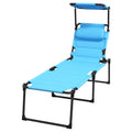 Outsunny Outdoor Lounge Chair, Adjustable Backrest Folding Chaise Lounge, Cushioned Tanning Chair W Sunshade Roof & Pillow Headrest For Beach, Camping, Hiking, Light Blue Light Blue Steel