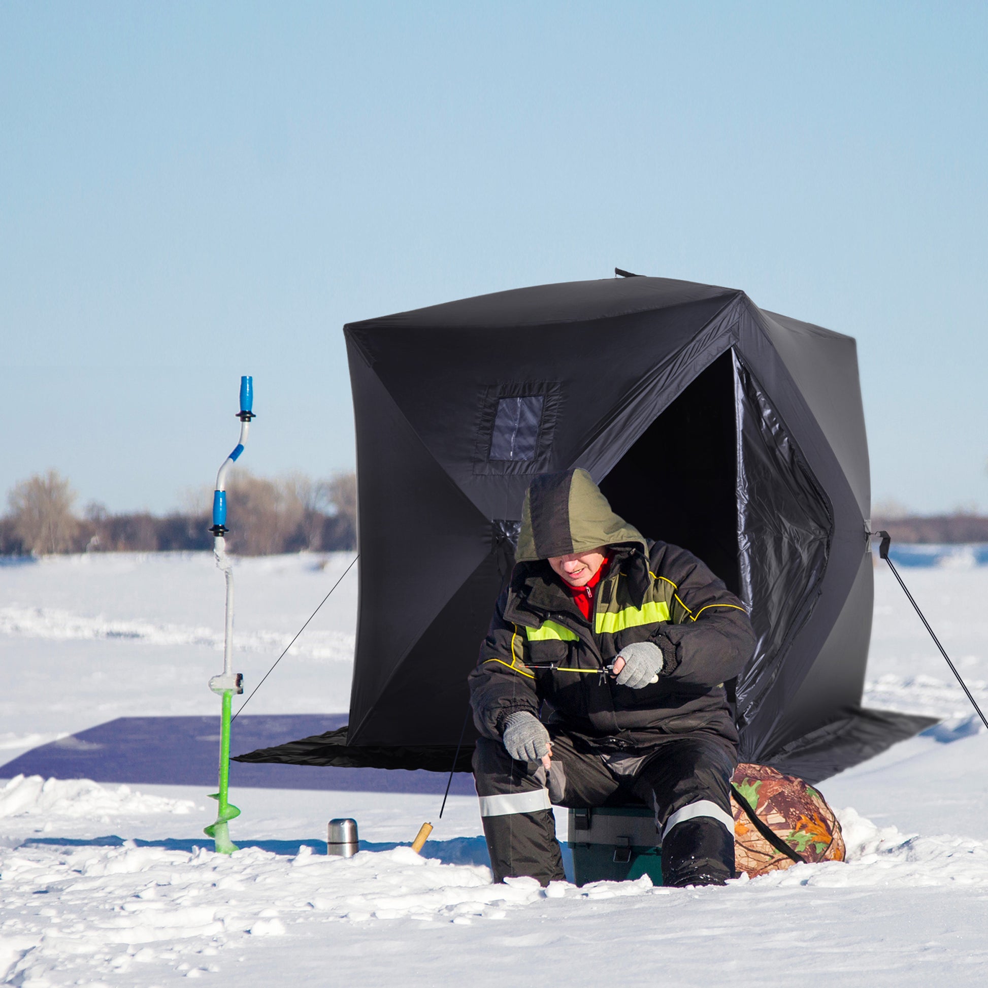 Outsunny 2 Person Ice Fishing Shelter, Pop Up Portable Ice Fishing Tent With Carry Bag, Windows And Anchors For Low Temp 22 , Black Black Cotton