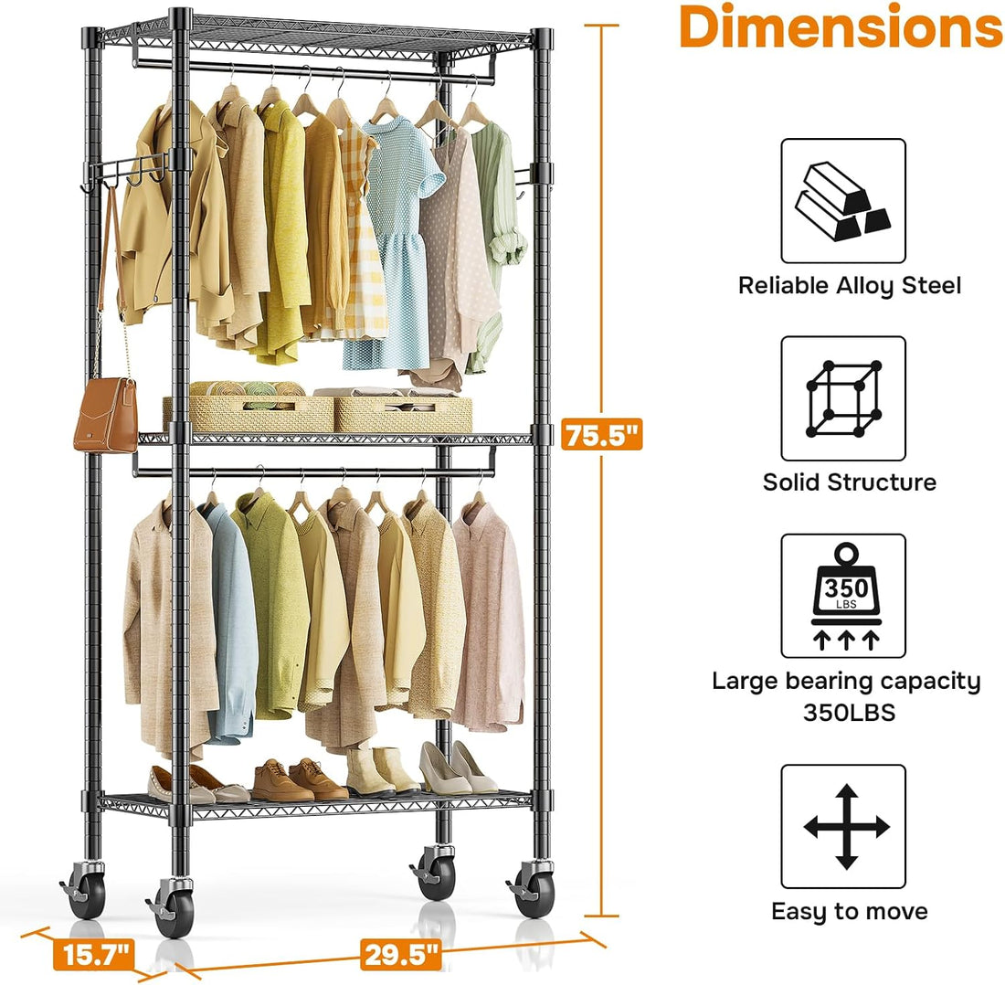 Rolling Clothes Rack, Heavy Duty Clothing Rack, 3 Shelf Portable Adjustable Wardrobe Closet With Wheels, Hanging Rods & Side Hooks, 29.5" W X 15.7" D X 75.6" H, Black Black Steel