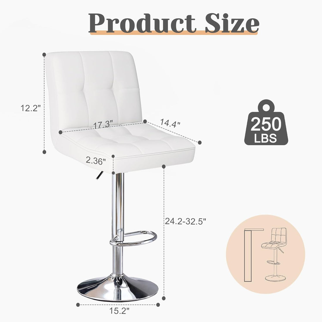 Bar Stools Set Of 2, Armless Hydraulic Kitchen Height Counter Bar Stools, Pu Leather Adjustable Swivel Barstools, Thickened Square Seat Cushion Barstool With Back, White White Metal