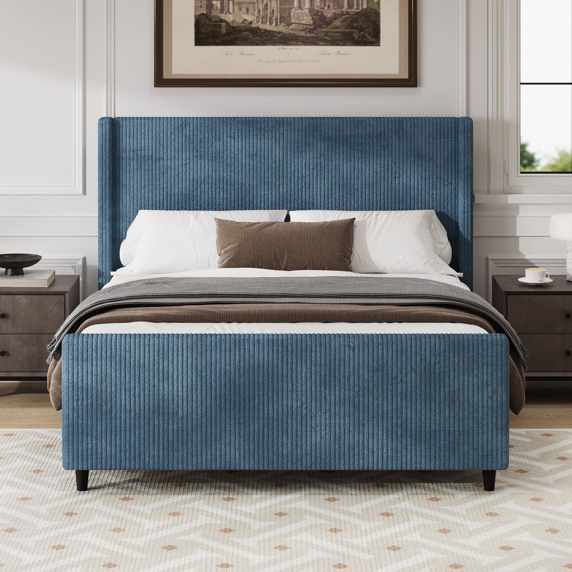50.7'' High Headboard Corduroy Upholstered Bed Frame With Vertical Stripe Wingback And High Footboard No Box Spring Needed, Queen Size, Blue Box Spring Not Required Queen Blue Wood Bedroom Modern