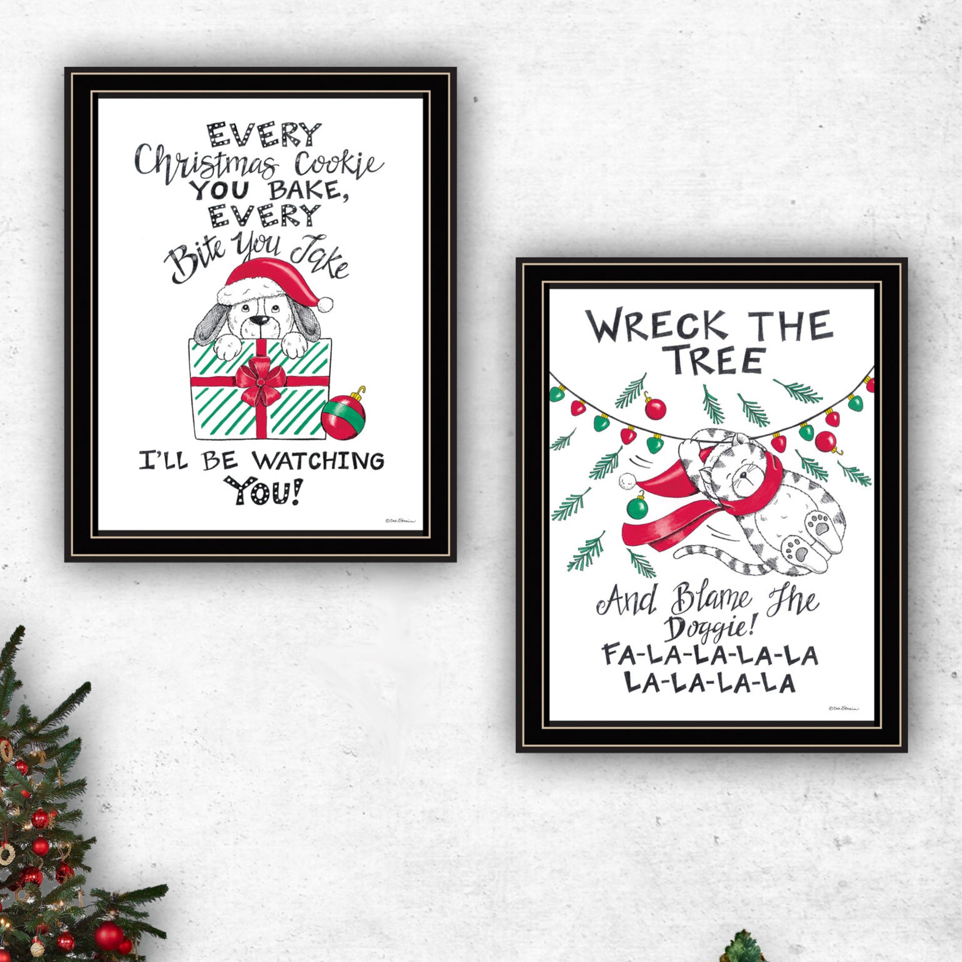 2 Piece Vignette Cat & Dog Christmas Enjoyment Black Framed Wall Art For Living Room, Bedroom Wall Art Print For Home Decor By Deb Strain Multi Wood Paper