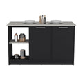 Kitchen Island With Large Countertop, Open Storage Shelves And Double Door Cabinet, Black Onyx Black Solid Wood Mdf Engineered Wood